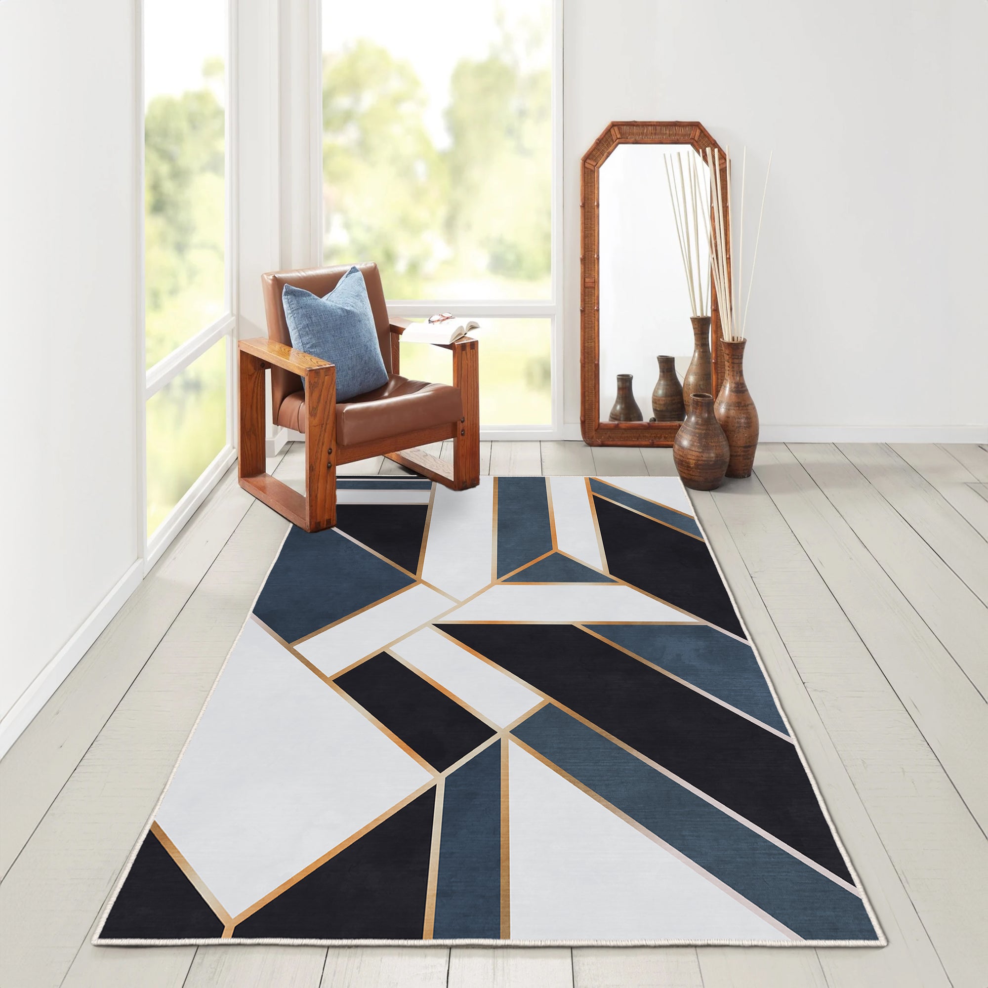 Washable Area Rugs,Blue,Rectangle,Rug with Non Slip Backing, Stain Resistant, Foldable, Boho Machine Washable Carpet Mat for Kitchen, Bathroom, Bedroom or Living Room