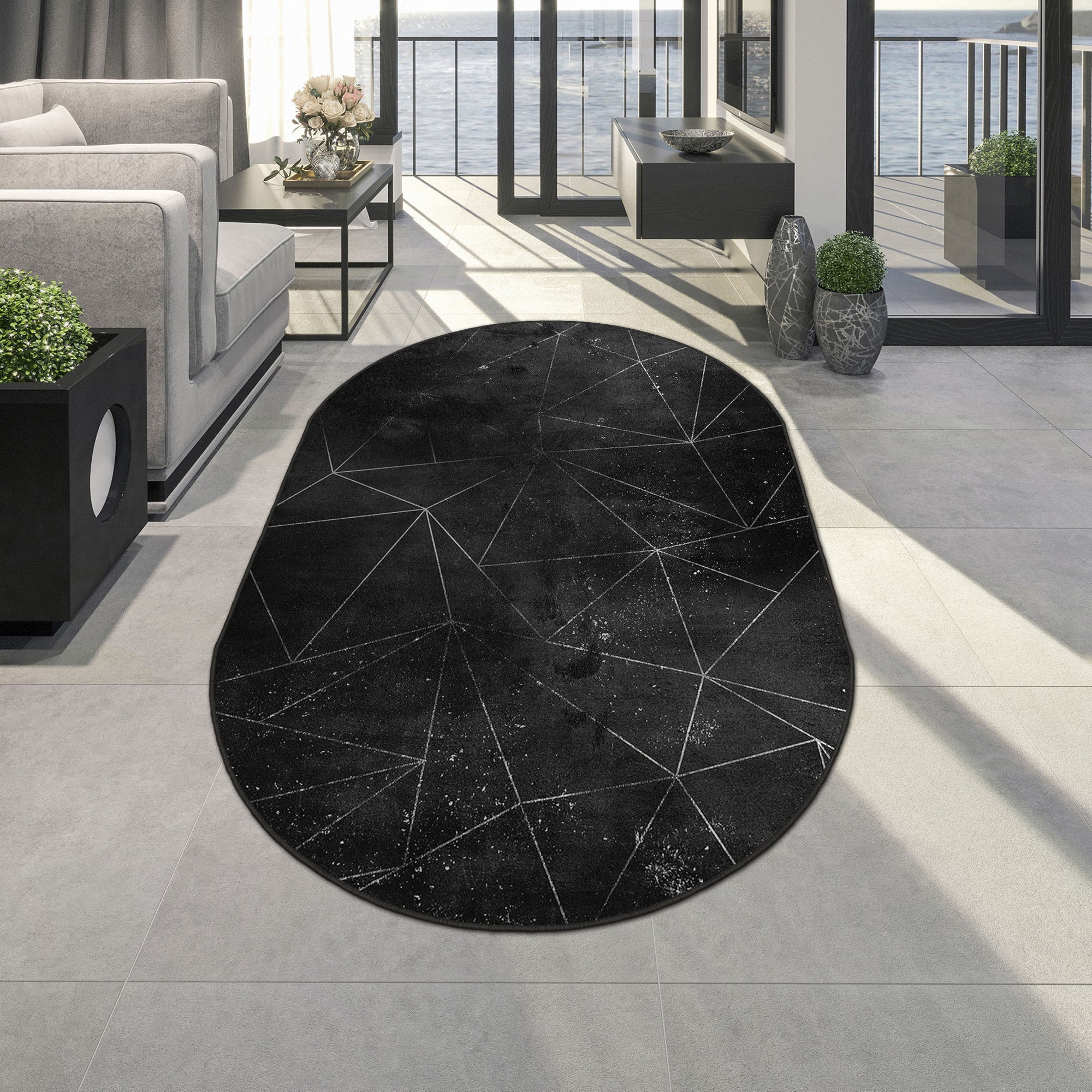 Washable Area Rugs,Black,Oval,Rug with Non Slip Backing, Stain Resistant, Foldable, Boho Machine Washable Carpet Mat for Kitchen, Bathroom, Bedroom or Living Room