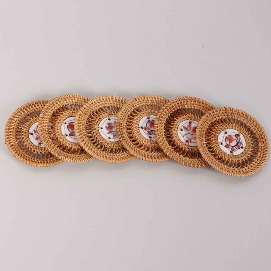 6-Piece Rattan Hand Knitted - Ceramic Coaster