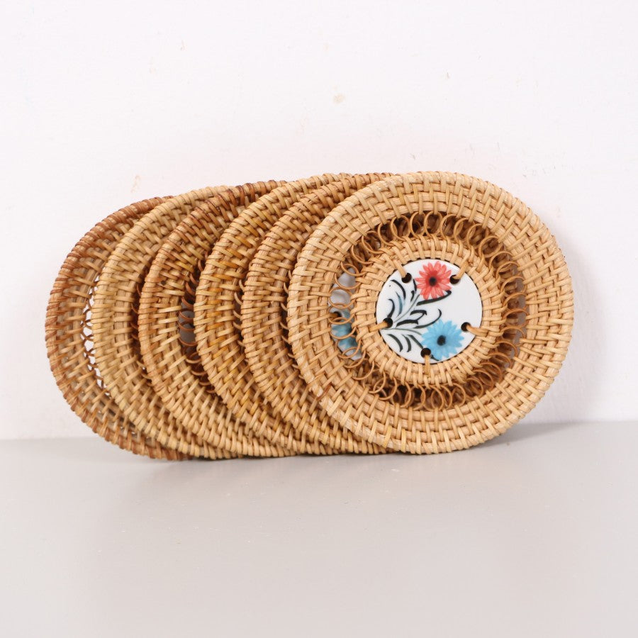 6 Piece Rattan Hand Knitted - Ceramic Coaster