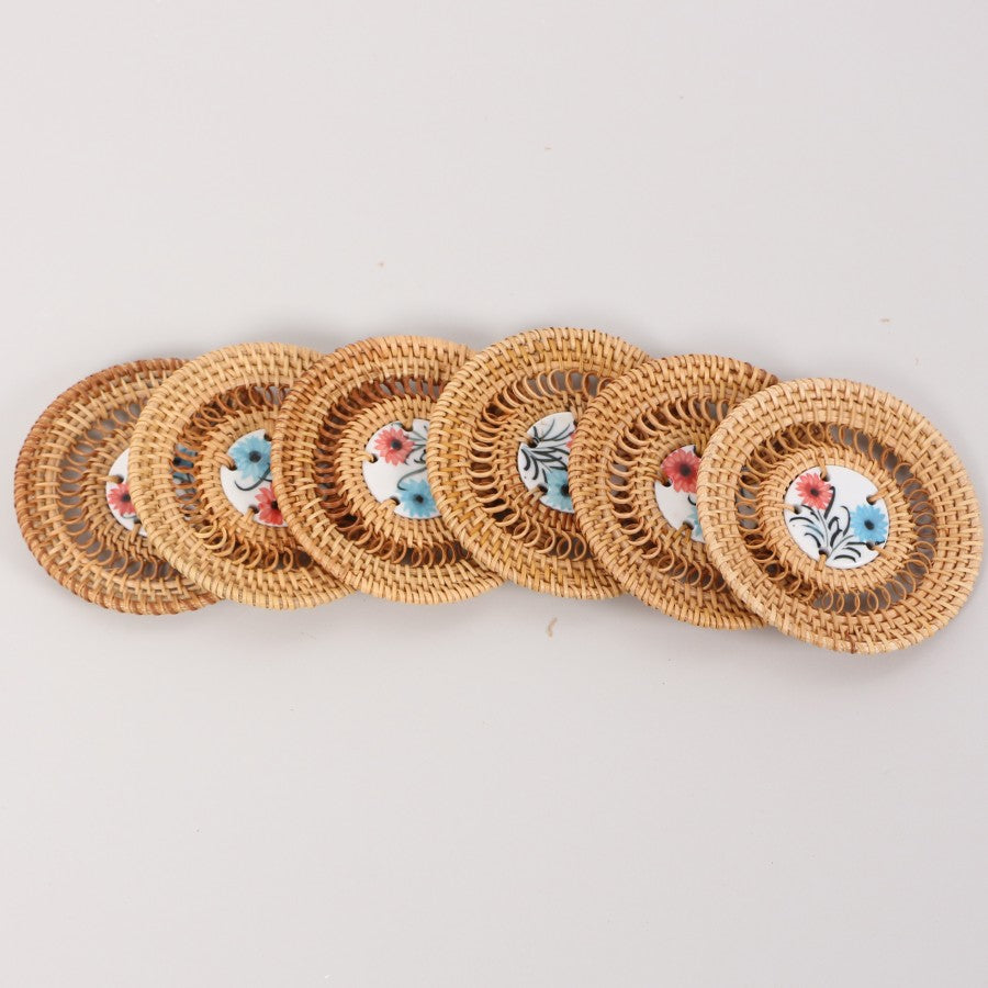 6 Piece Rattan Hand Knitted - Ceramic Coaster