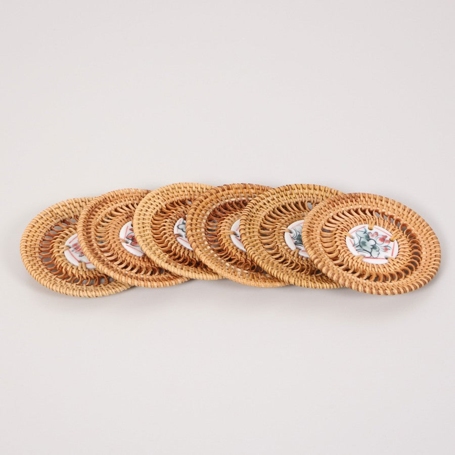 6-Piece Rattan Hand Knitted - Ceramic Coaster