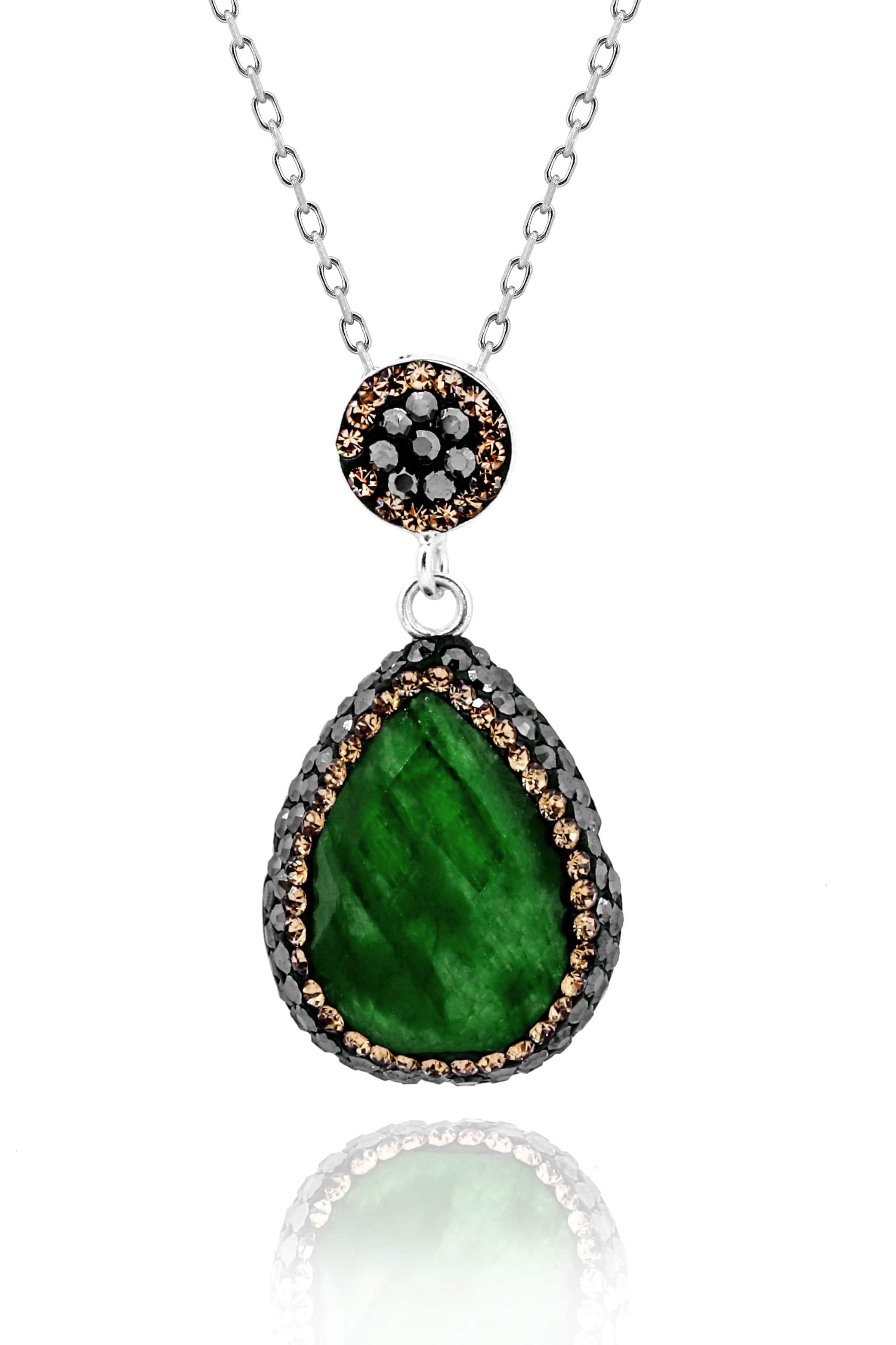 Acacia Series Drop Natural Stone Green Emerald Female Triple Set Adjustable Size Midyat Silver