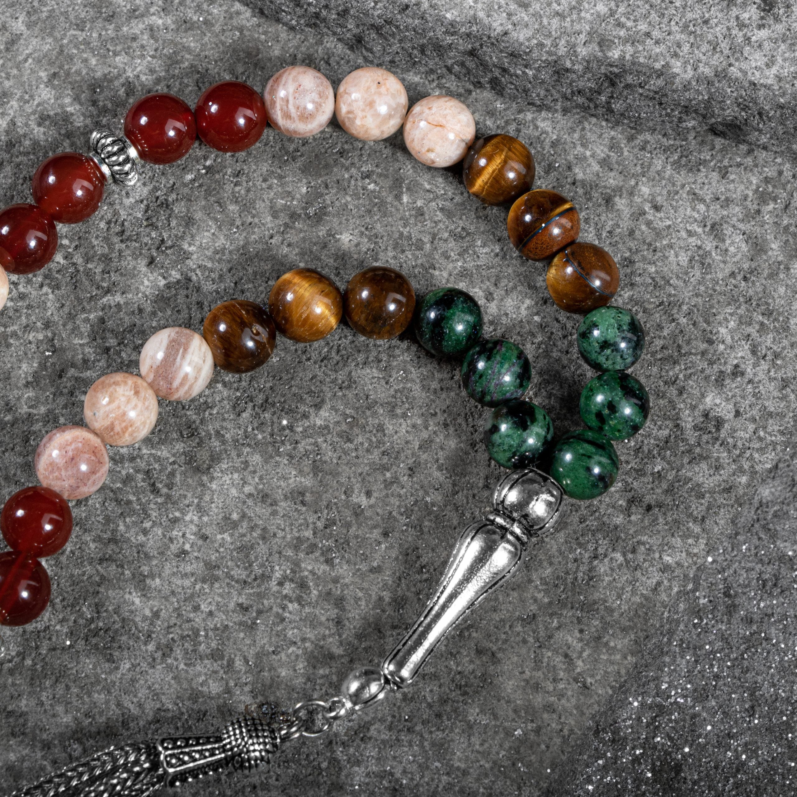 Gemini Rosary - Anyolite, Sun Stone, Tiger Eye, Red Agate, Green Aventurine