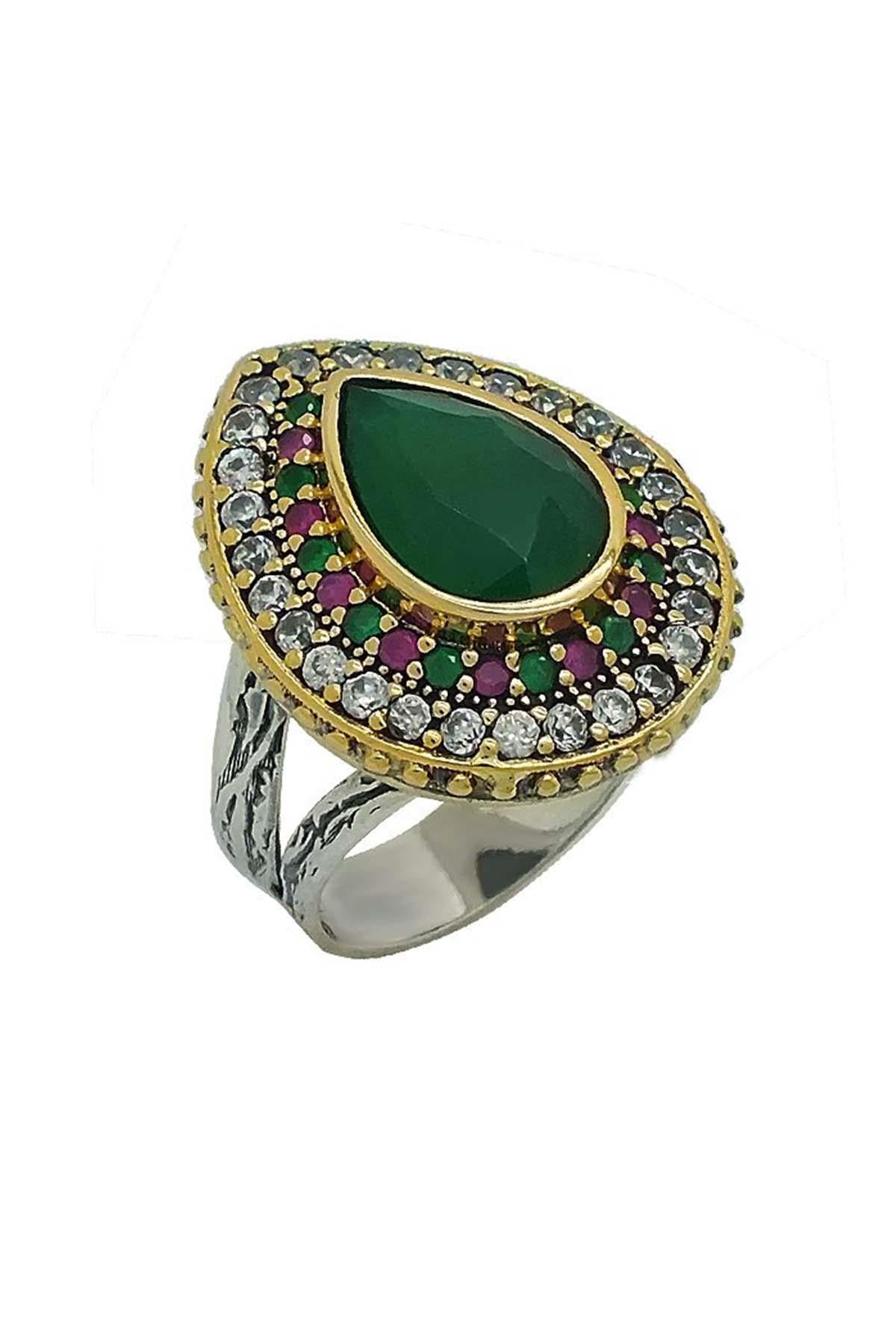 Silver Drop Design Emerald Green Stone Hürrem Sultan Authentic Adjustable Women&#39;s Ring Model