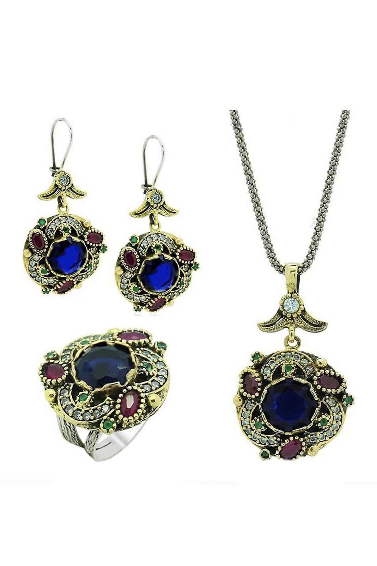 Behiye Series Silver Root Sapphire Stone Triple Set Authentic Women&#39;s Jewelry