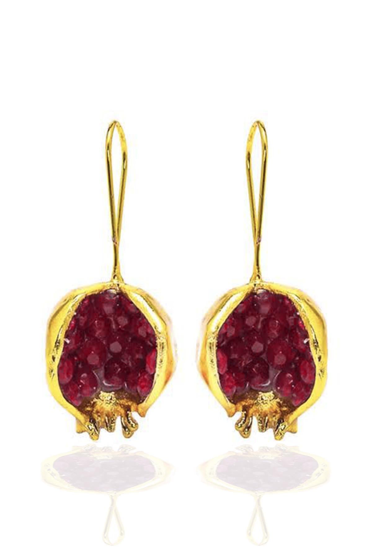 Bereket Series Red Color Garnet Stone Gold Plated Women's Round Pomegranate Authentic Silver Earrings