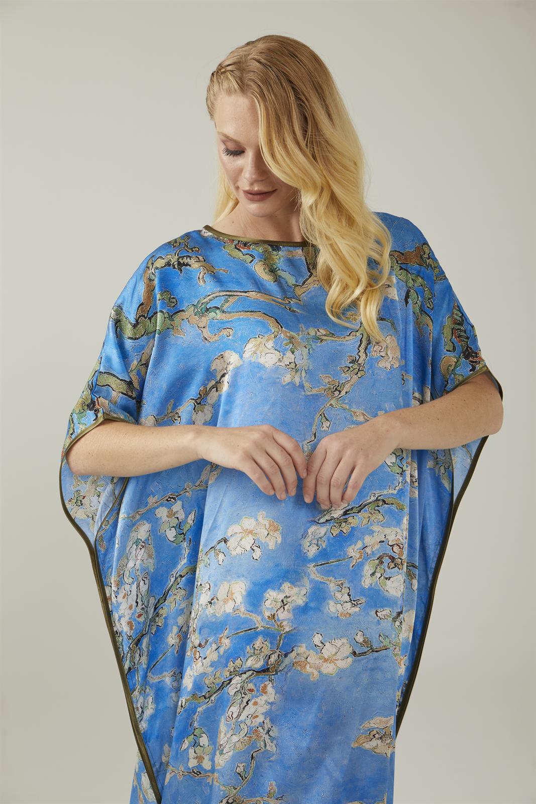 Ikigai The City Blue Van Gogh Almond Blossoms Patterned Satin Silk Dress / Kaftan