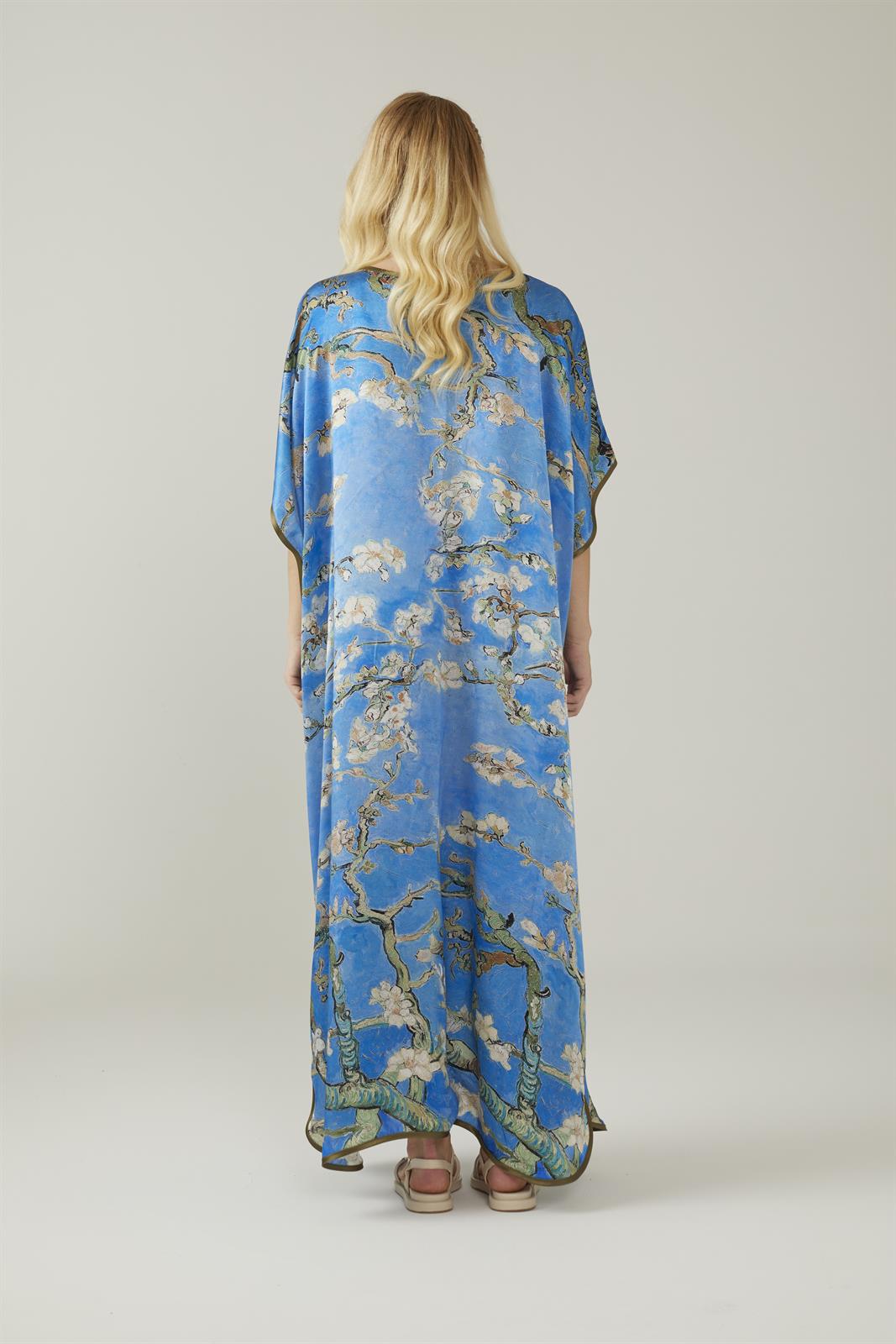 Ikigai The City Blue Van Gogh Almond Blossoms Patterned Satin Silk Dress / Kaftan