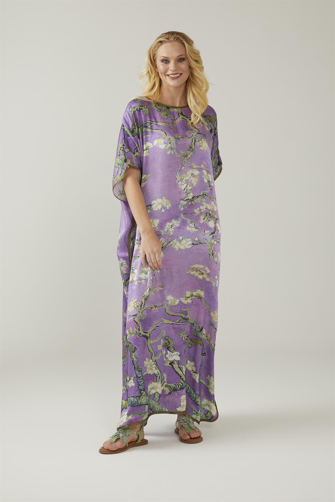 Ikigai The City Purple Van Gogh Almond Blossoms Patterned Satin Silk Dress / Kaftan