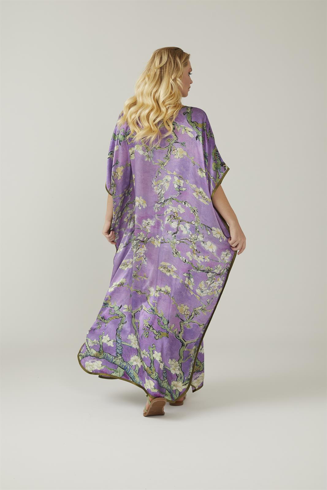 Ikigai The City Purple Van Gogh Almond Blossoms Patterned Satin Silk Dress / Kaftan