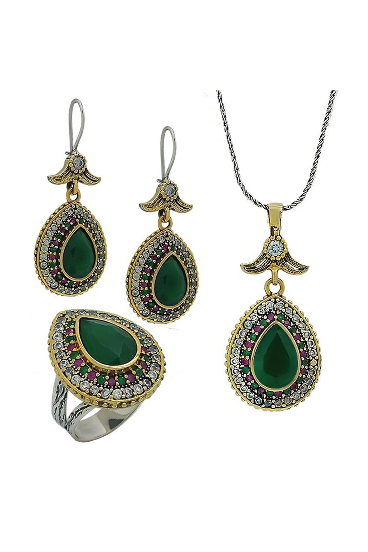 Emerald Stone Hürrem Sultan Set Drop Silver Trio Women&#39;s Jewelry