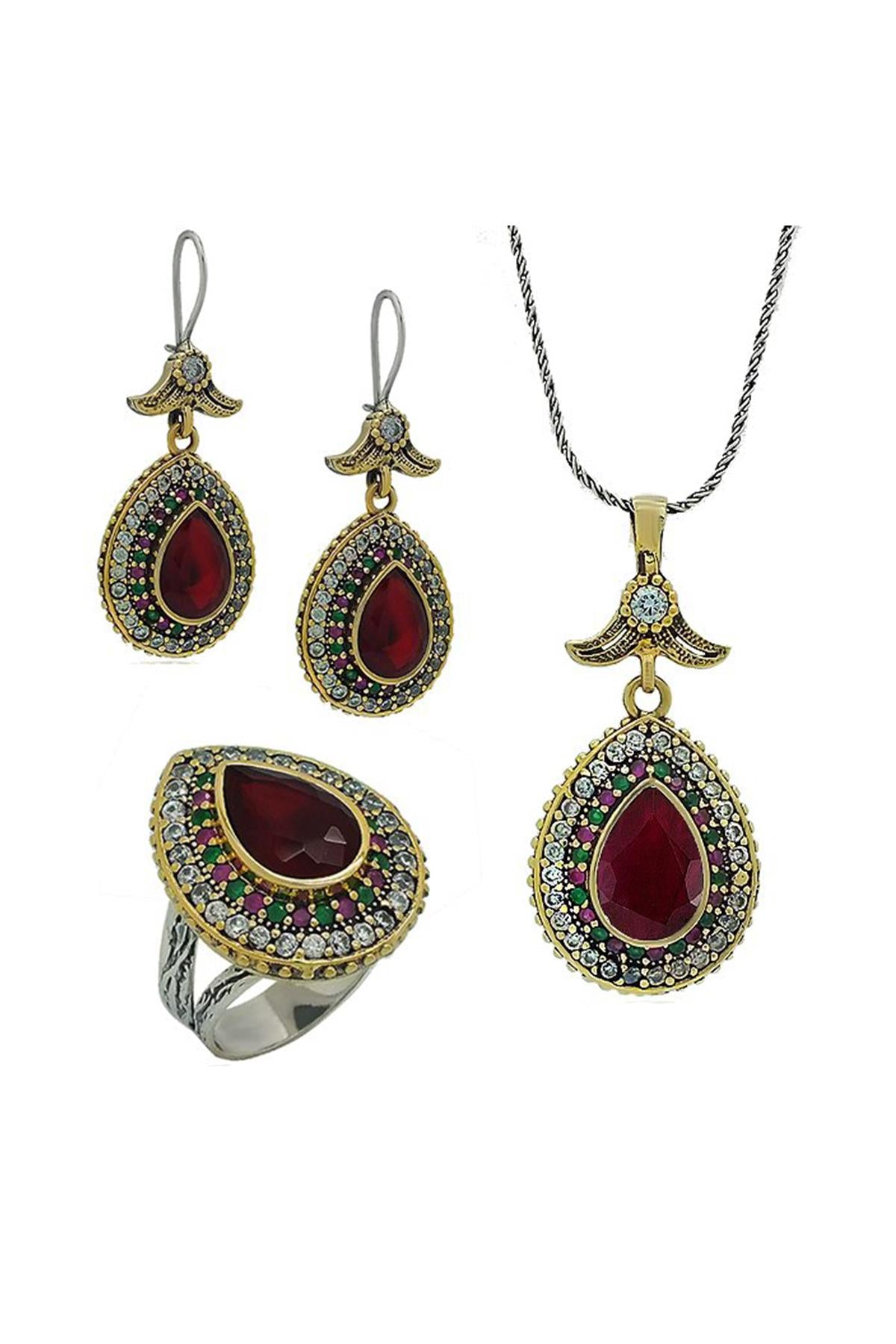 Ruby Stone Hürrem Sultan Set Drop Silver Triple Women&#39;s Jewelry