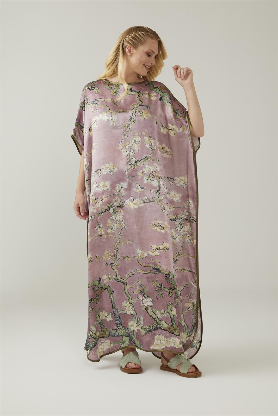 Ikigai The City Pink Van Gogh Almond Blossoms Patterned Satin Silk Dress / Kaftan