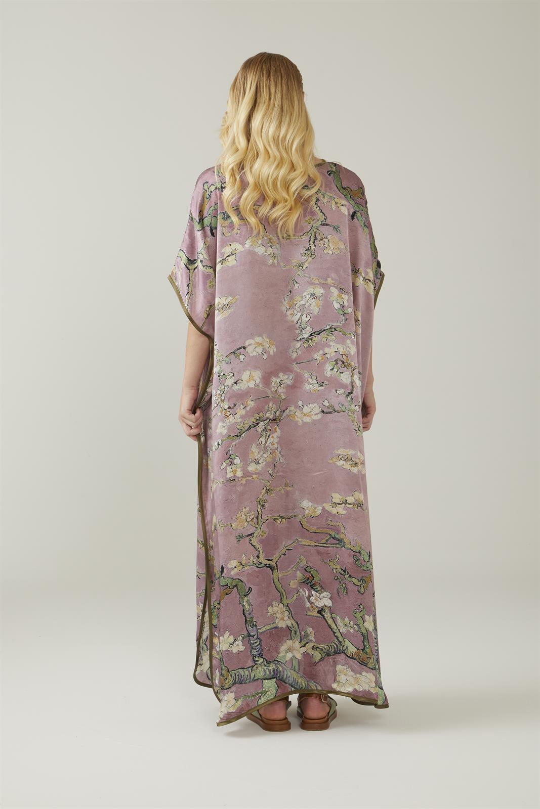 Ikigai The City Pink Van Gogh Almond Blossoms Patterned Satin Silk Dress / Kaftan