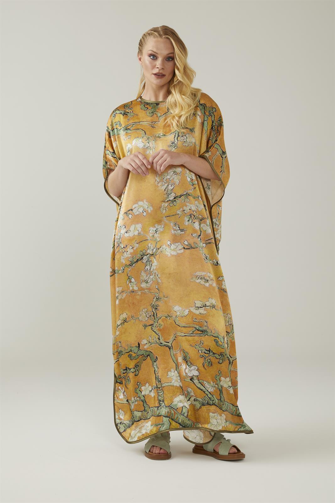 Ikigai The City Yellow Van Gogh Almond Blossoms Patterned Satin Silk Dress / Kaftan