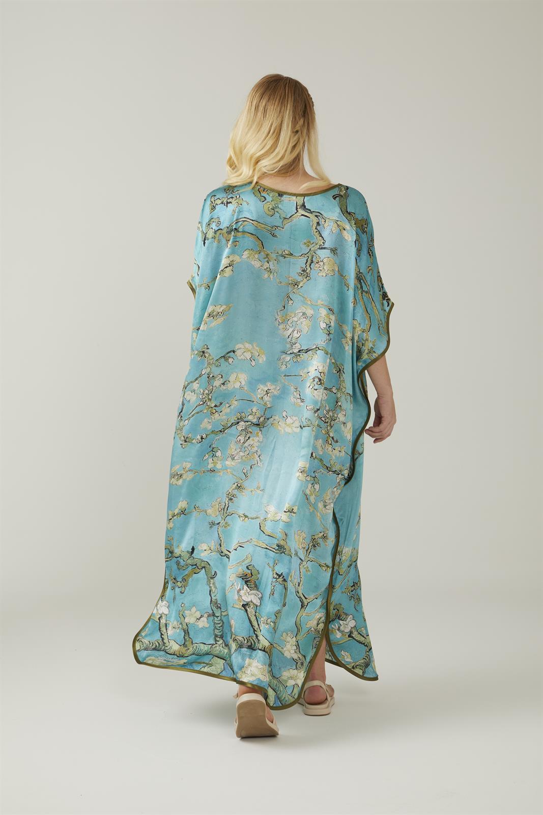 Ikigai The City Turquoise Van Gogh Almond Blossoms Patterned Satin Silk Dress / Kaftan