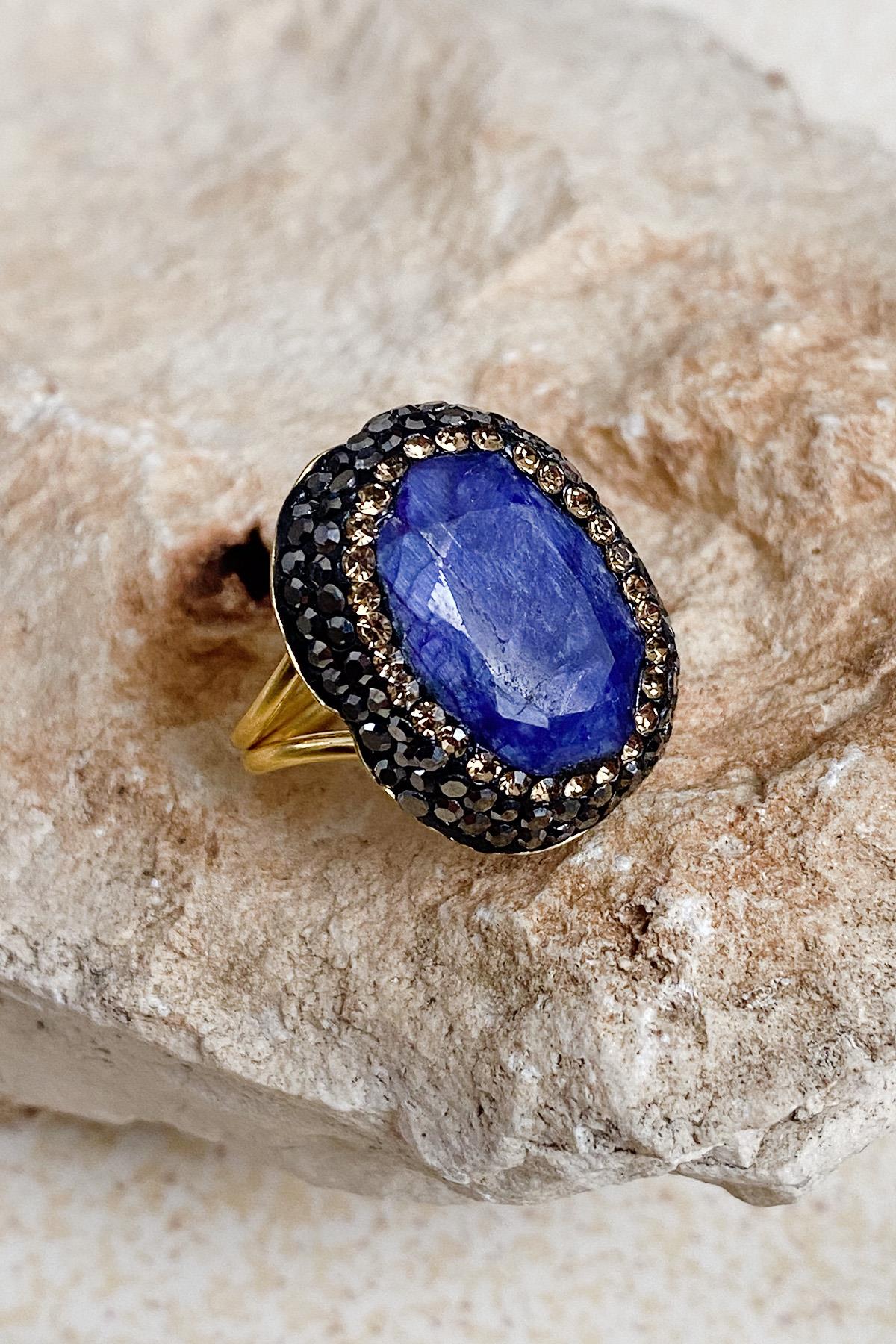 Akasya Series Blue Sapphire Natural Stone Handcrafted Women's Ring Adjustable Size