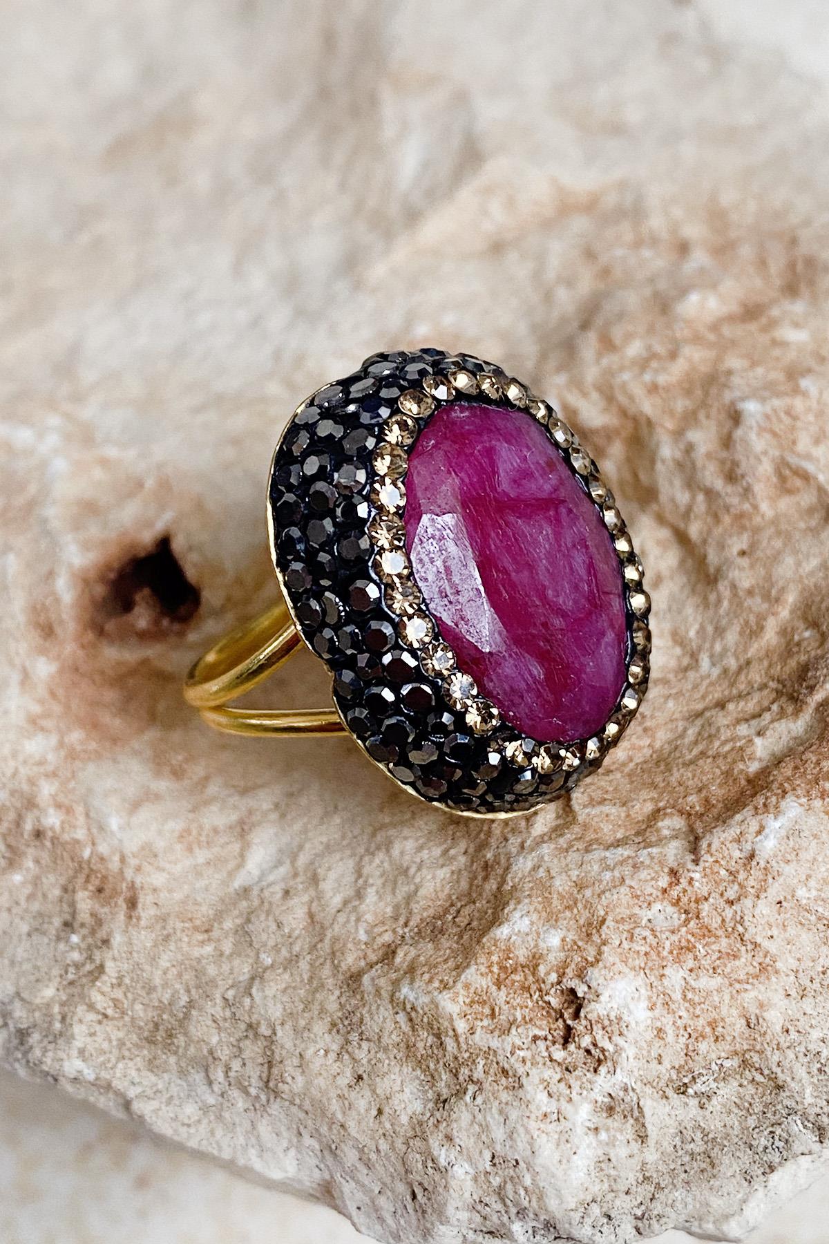 Acacia Series Red Ruby Natural Stone Handcrafted Women's Ring Adjustable Size