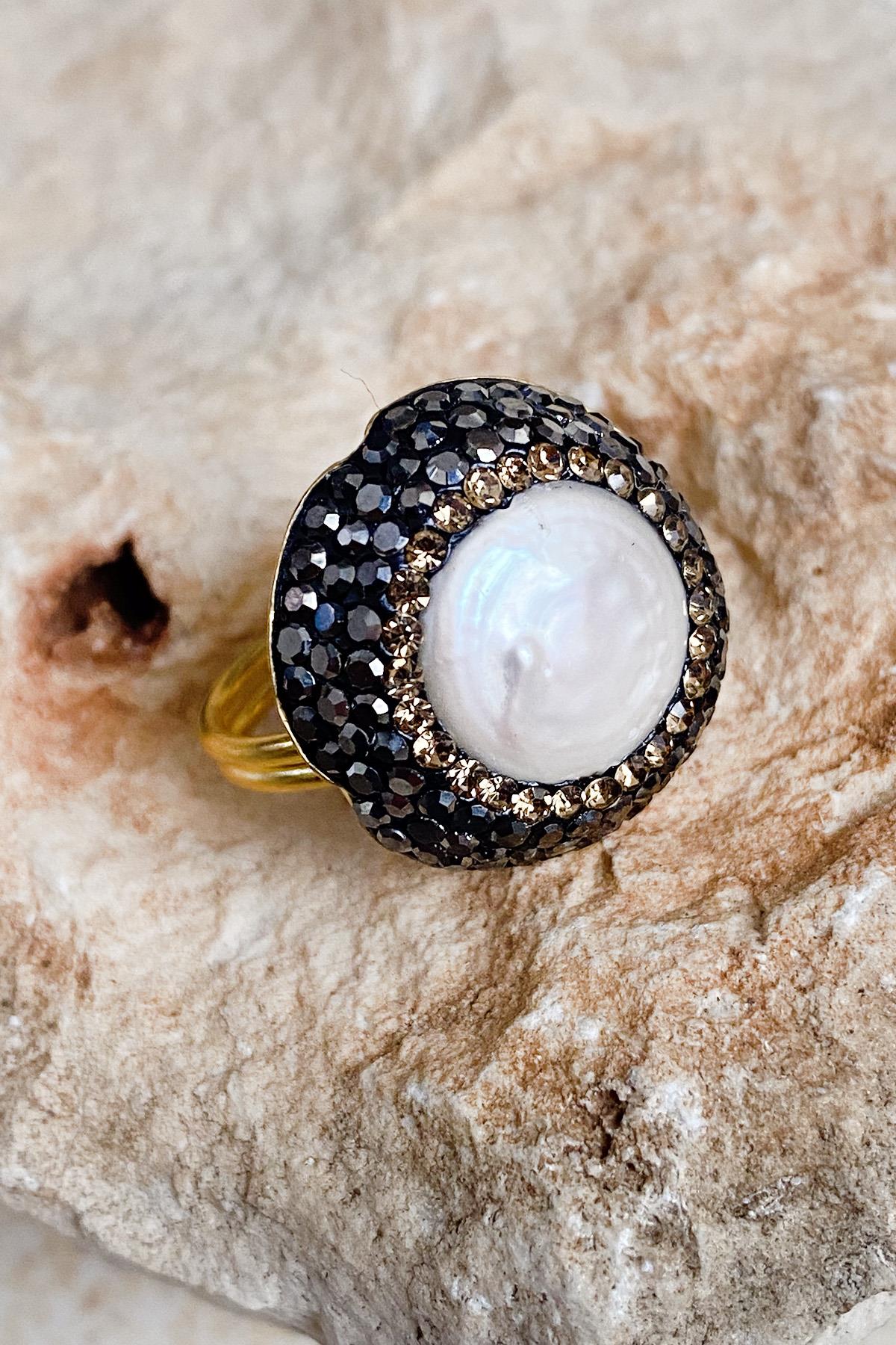 Akasya Series White Pearl Natural Stone Handcrafted Women's  Ring Adjustable Size