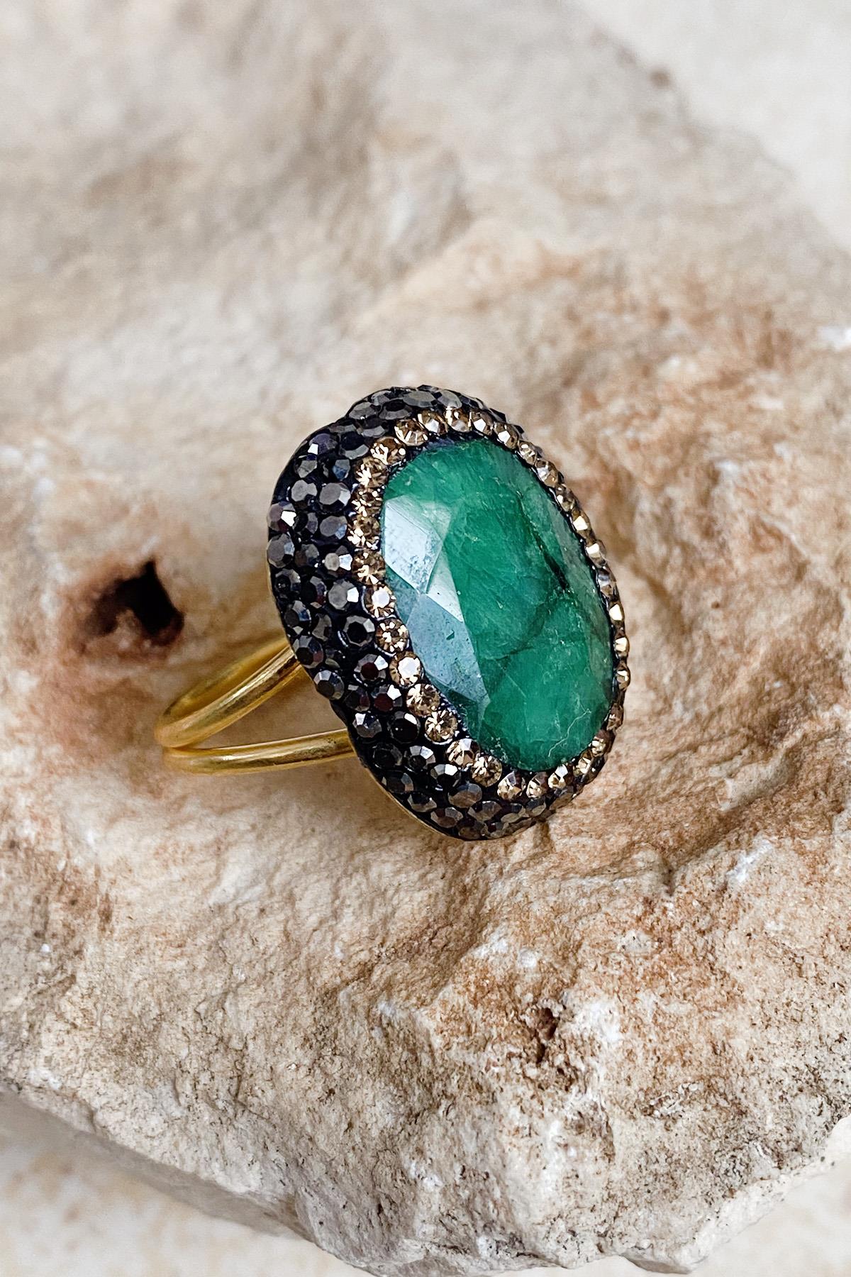 Acacia Series Green Emerald Natural Stone Handcrafted Women's Ring Adjustable Size
