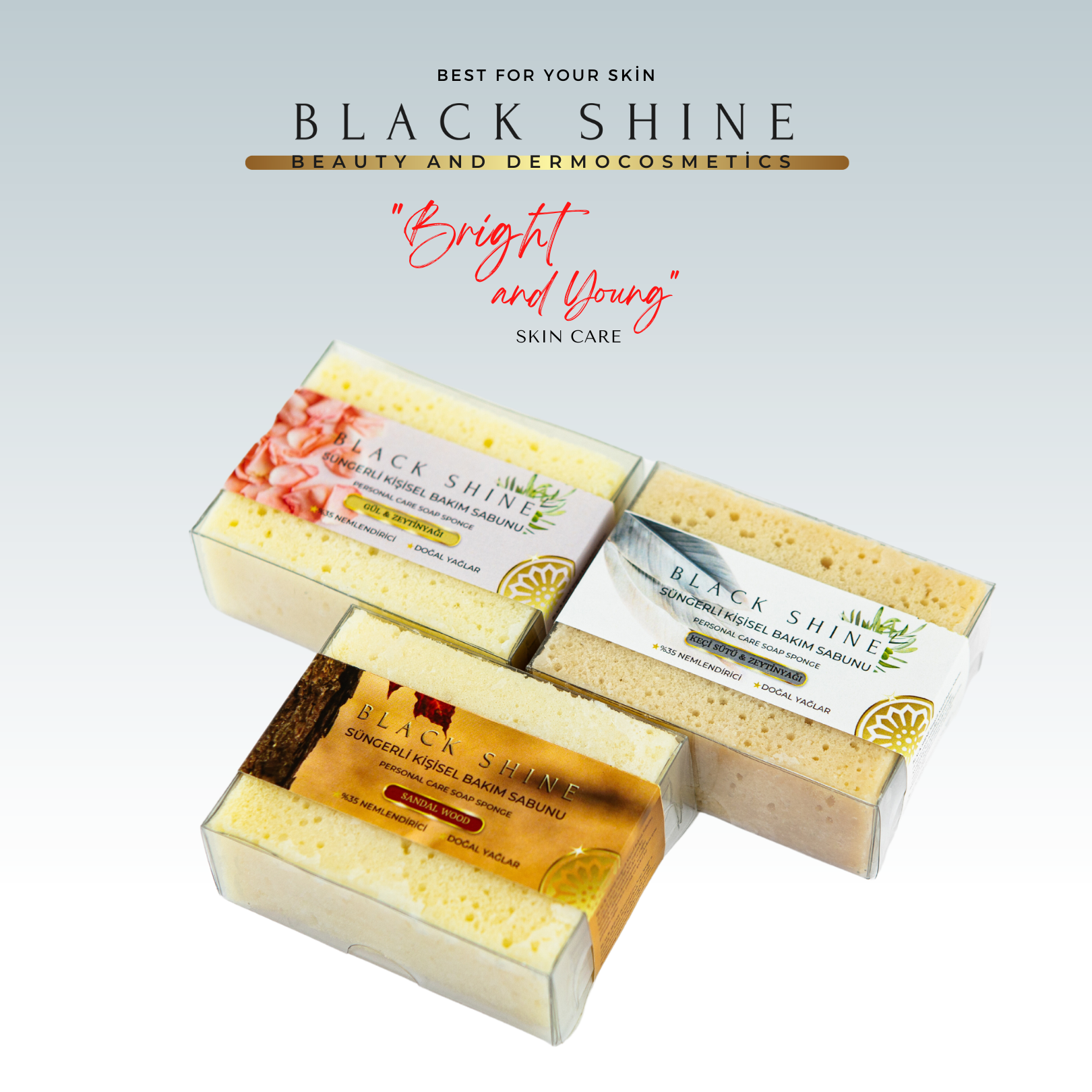 Black Shine Organic Sponge Personal Care Soap, Handmade - Family Set Rose - Goat Milk - Sandal