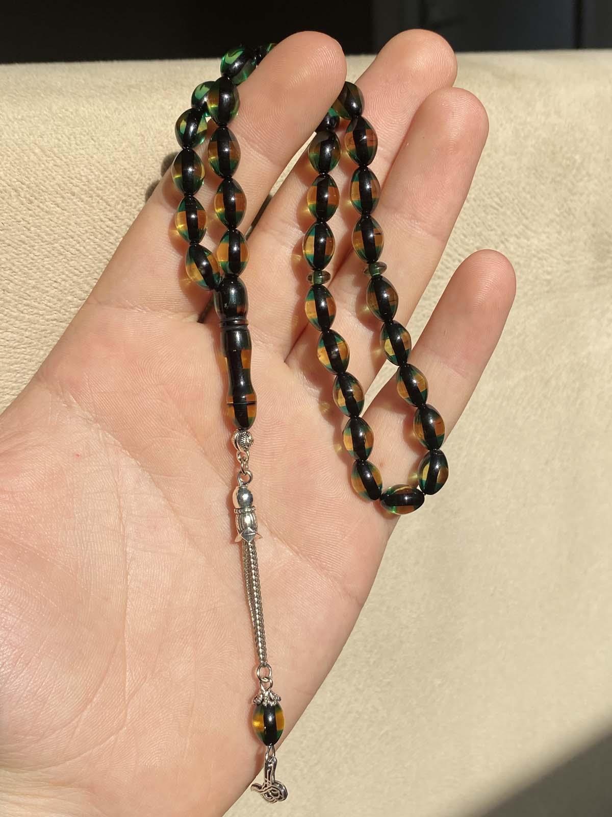Double Color Green Yellow Vernier Amber Rosary with Metal Tassel Misbah Rosary Zikr