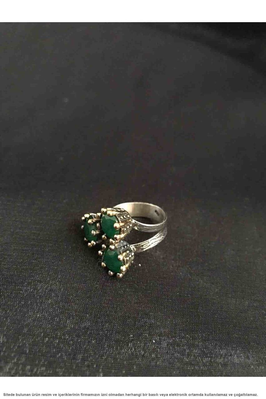 Söğütlü Series Silver Women's Ring with Root Emerald Stone 3 Stones