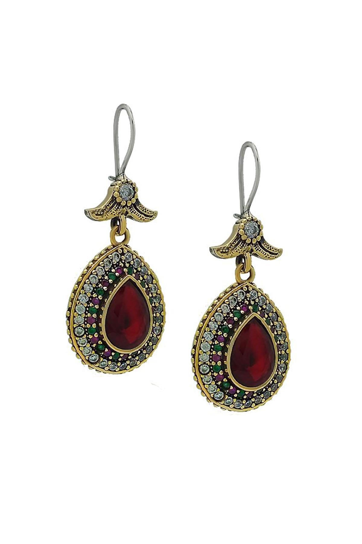 Red Ruby Stone Silver Drop Model Earrings Hürrem Sultan Jewelry