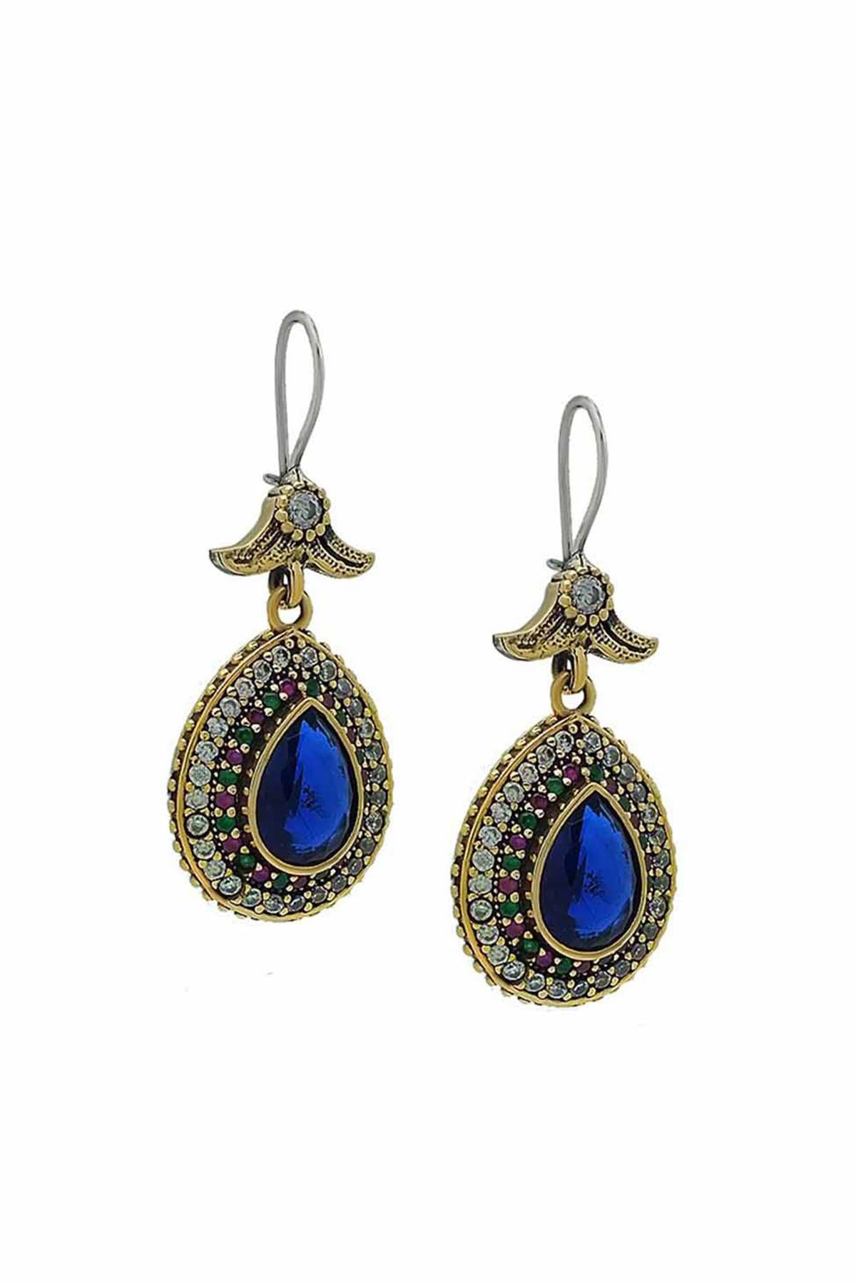 Blue Sapphire Stone Silver Drop Design Authentic Earrings Hürrem Sultan Jewelry