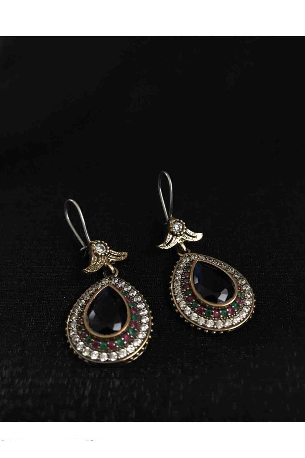 Blue Sapphire Stone Silver Drop Design Authentic Earrings Hürrem Sultan Jewelry