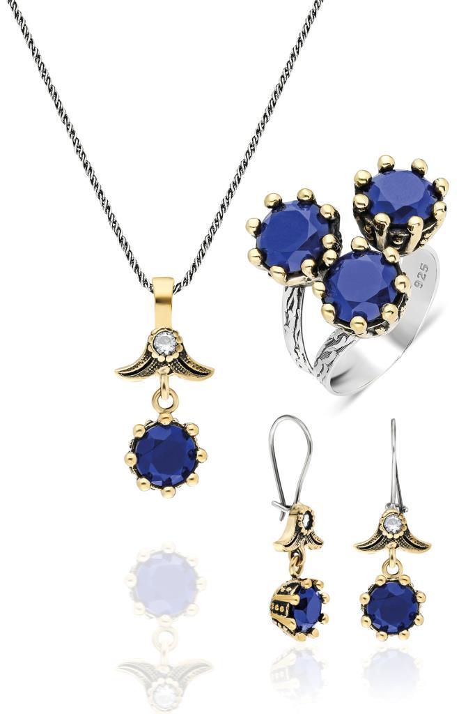 Blue Sapphire Stone Triple Authentic Women's Silver Set Jewelry