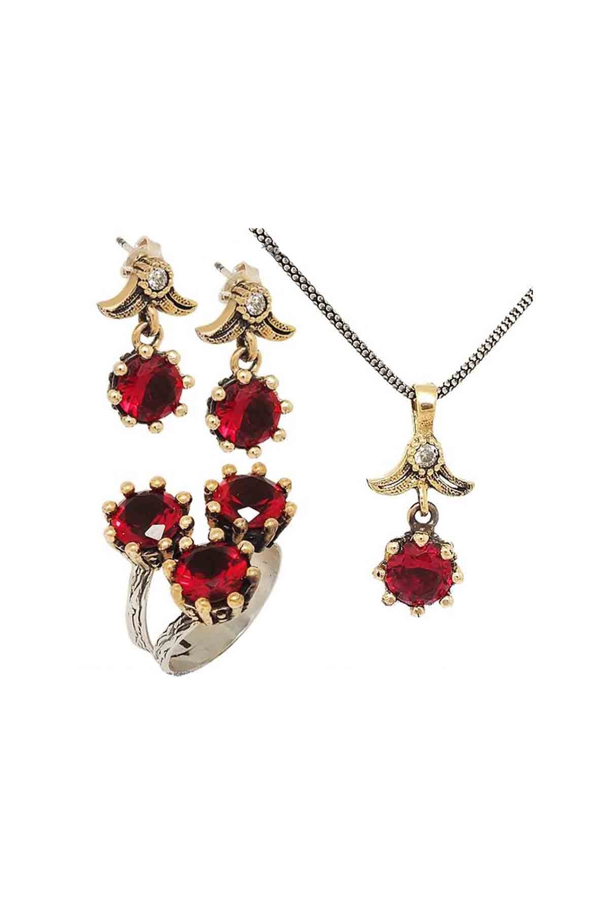 Söğütlü Series Red Color Garnet Stone Silver Authentic Triple Women's Set Jewelry