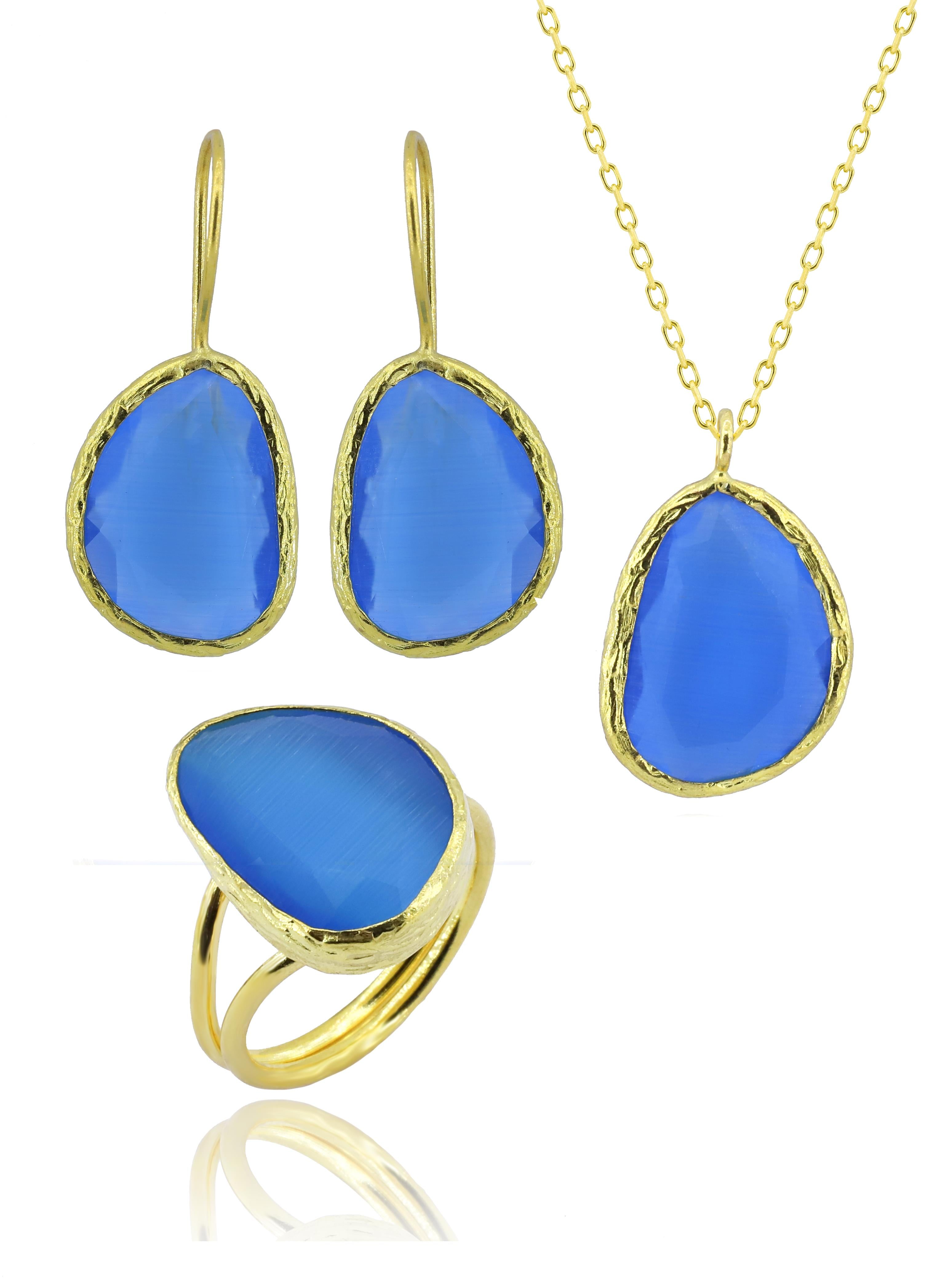 Sun Stone Series Bean Cut Blue Color Women's Triple Authentic Silver Jewelry Set