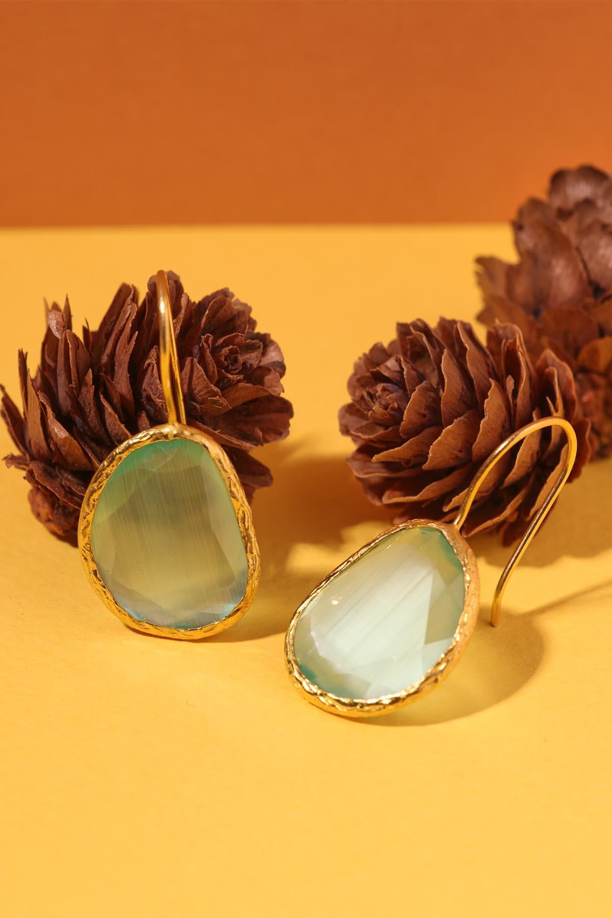 Sunstone Series Cat's Eye Bean Cut Turquoise 22K Gold Gold Yellow Plated Women's Earrings