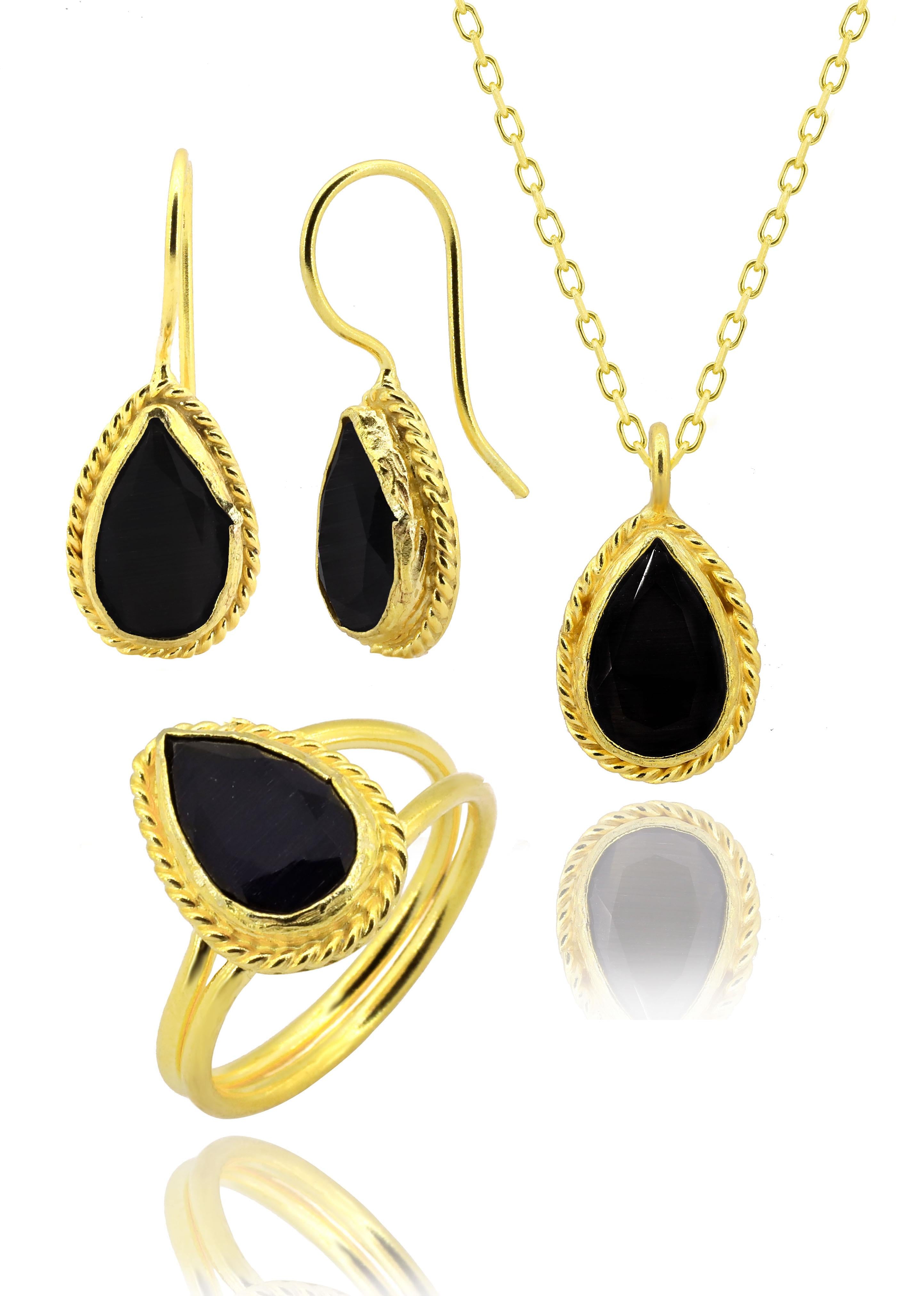 Sunstone Series Winding Black Drop Cut Colored Onyx 22K Gold Plated Women's  Triple Set 925 Sterling Silver Chain