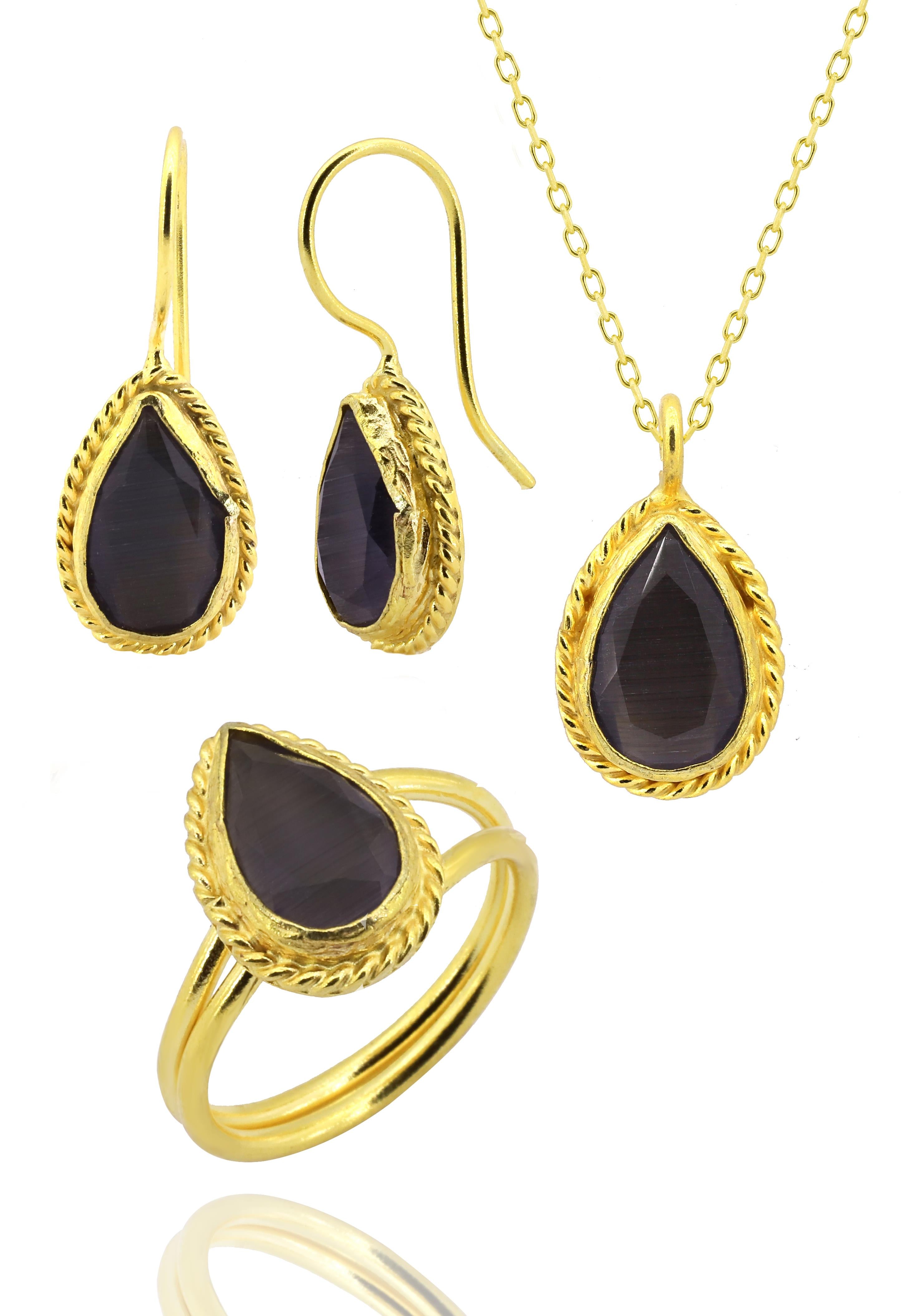 Sun Stone Series Winding Drop Cut Black Color Onyx 22K Gold Plated Women's  Triple Set 925 Sterling Silver Chain Handcrafted
