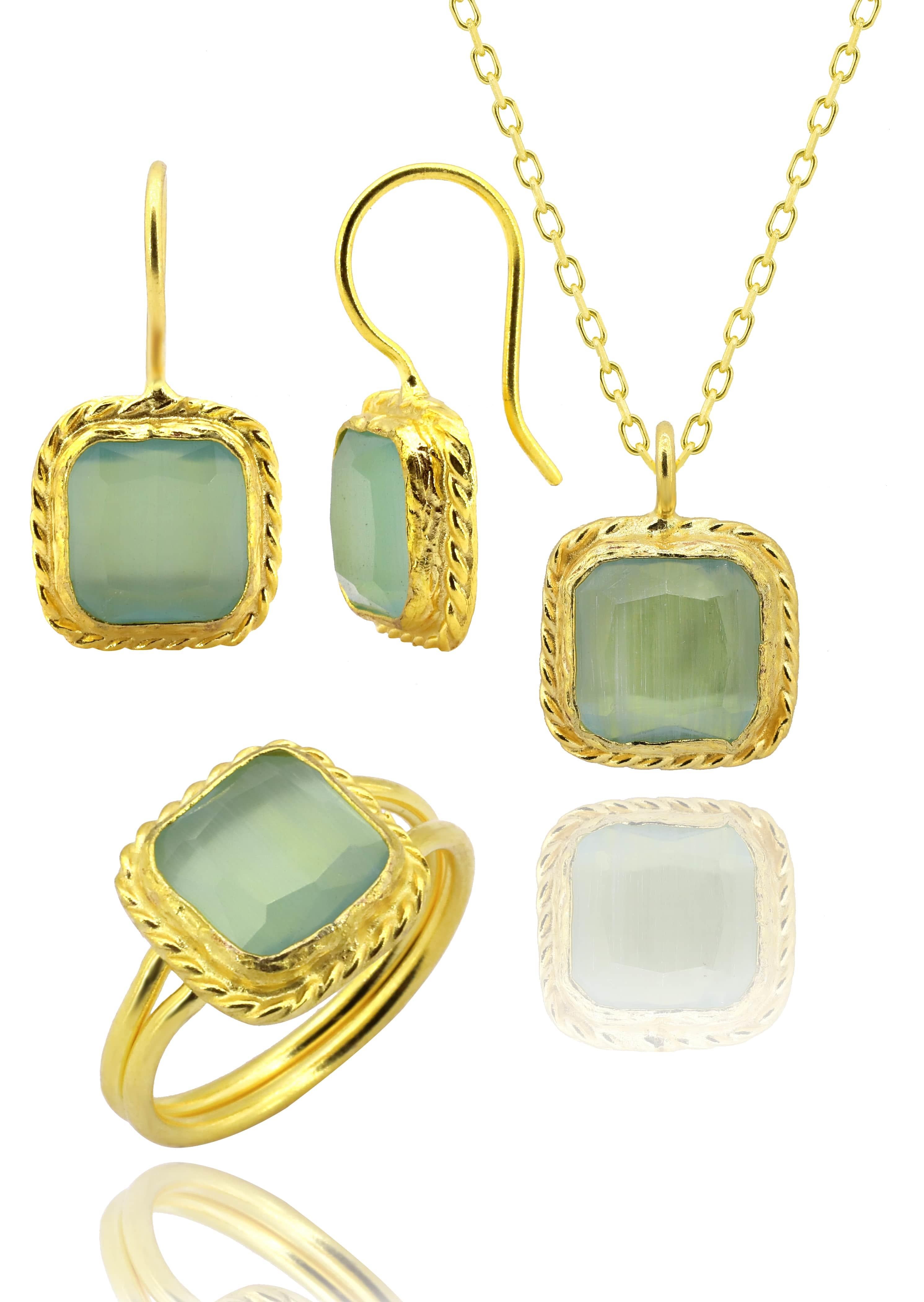 Sunstone Series Wrapped Square Cut Green Color 22K Gold Plated Women's Triple Set 925 Sterling Silver Chain
