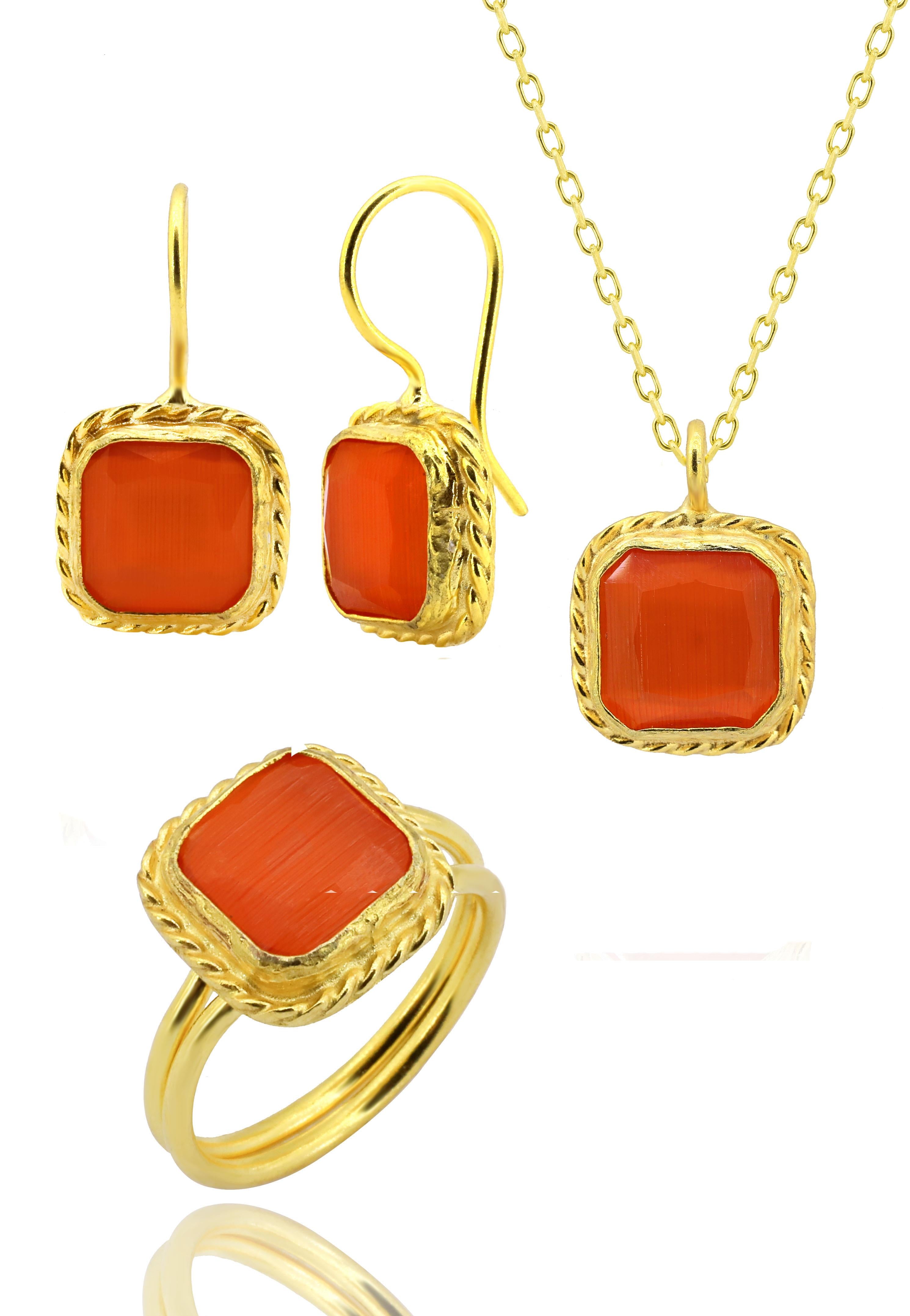 Sunstone Series: Orange Square-Cut Adjustable Ring, 22K Gold-Plated Women's Triple Set with 925 Sterling Silver Chains