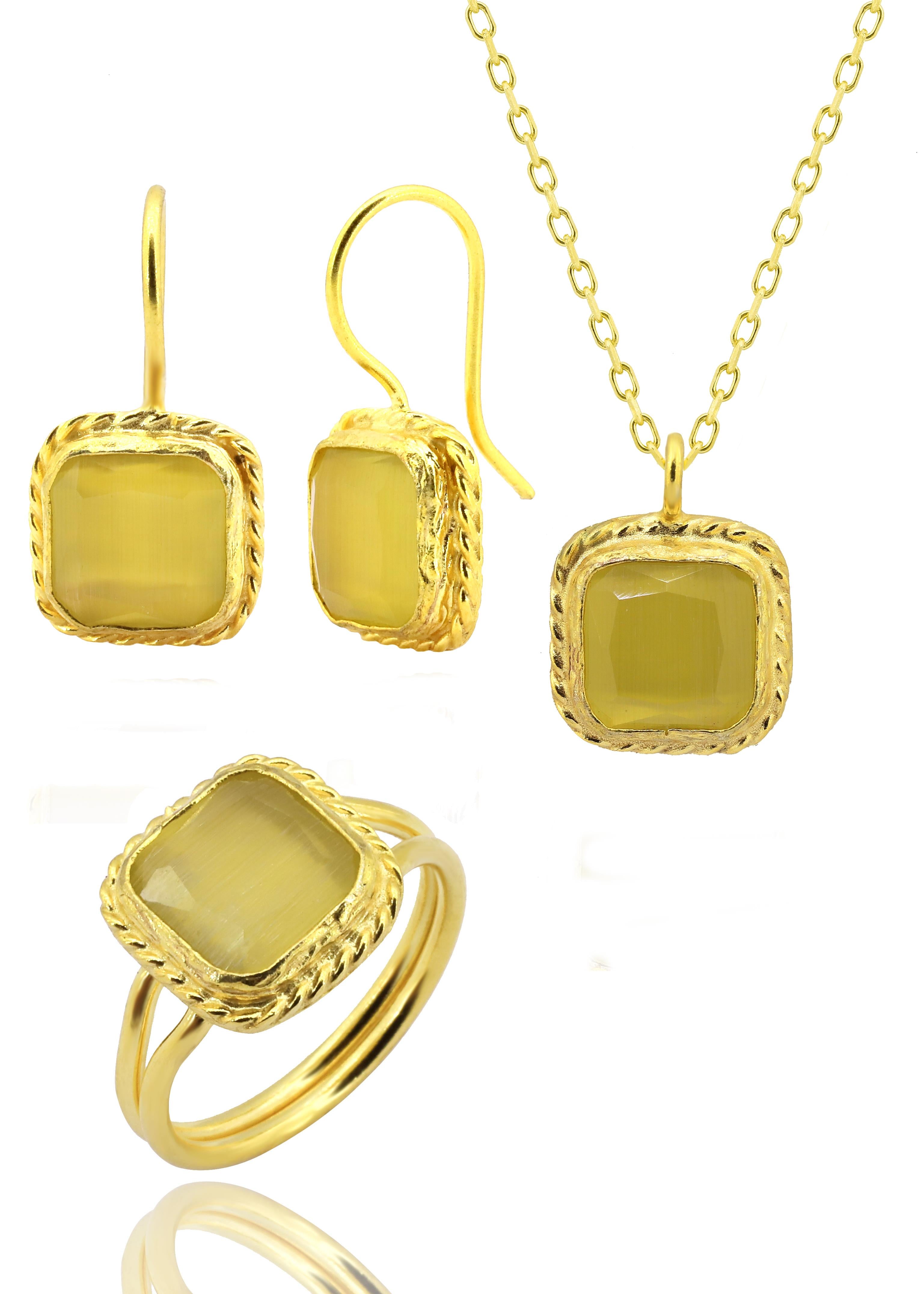 Sunstone Series Wrapped Square Cut Yellow Color 22K Gold Plated Women's Triple Set 925 Sterling Silver Chain