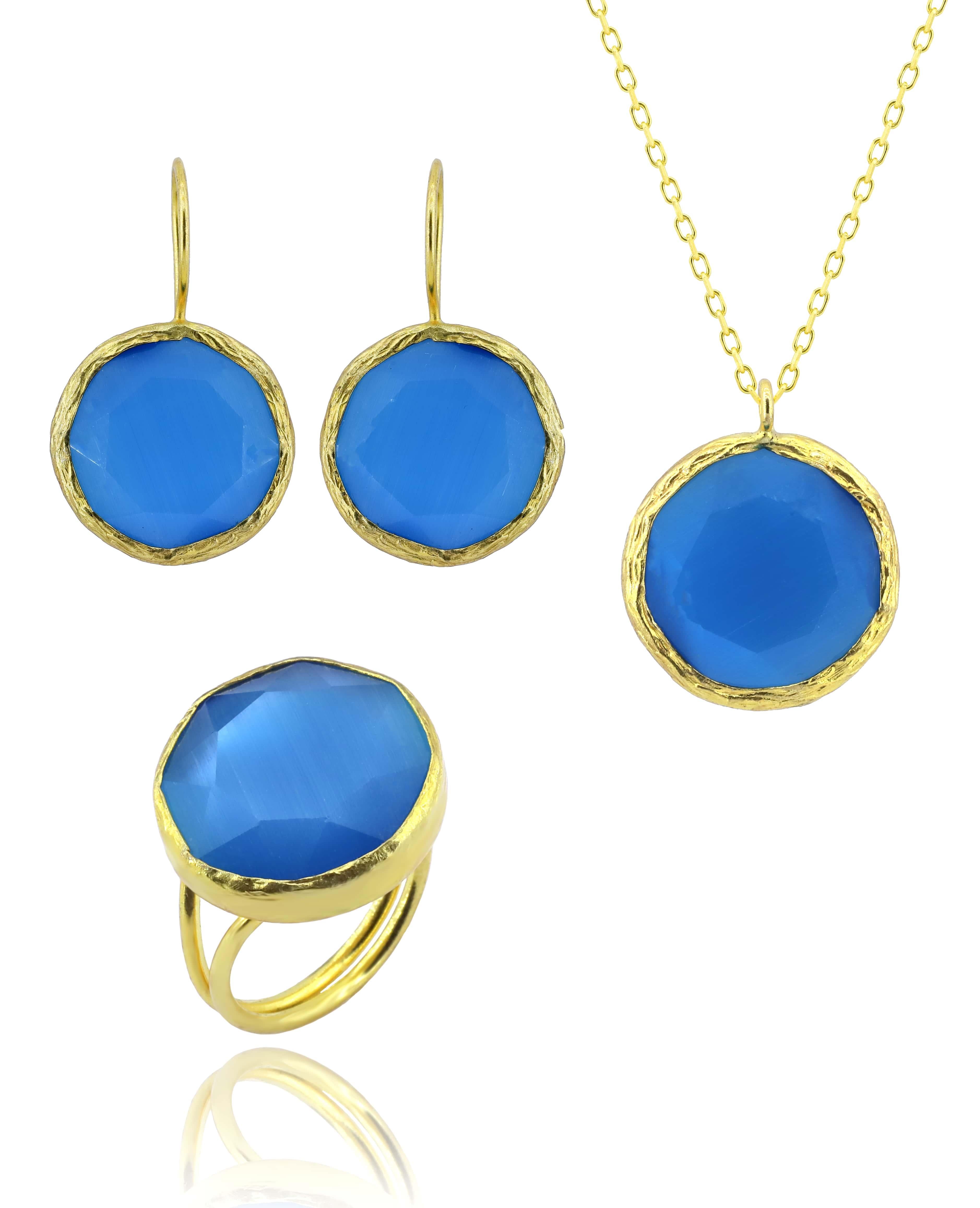Sun Stone Series Round Blue Color Women's Authentic Silver Triple Jewelry Set