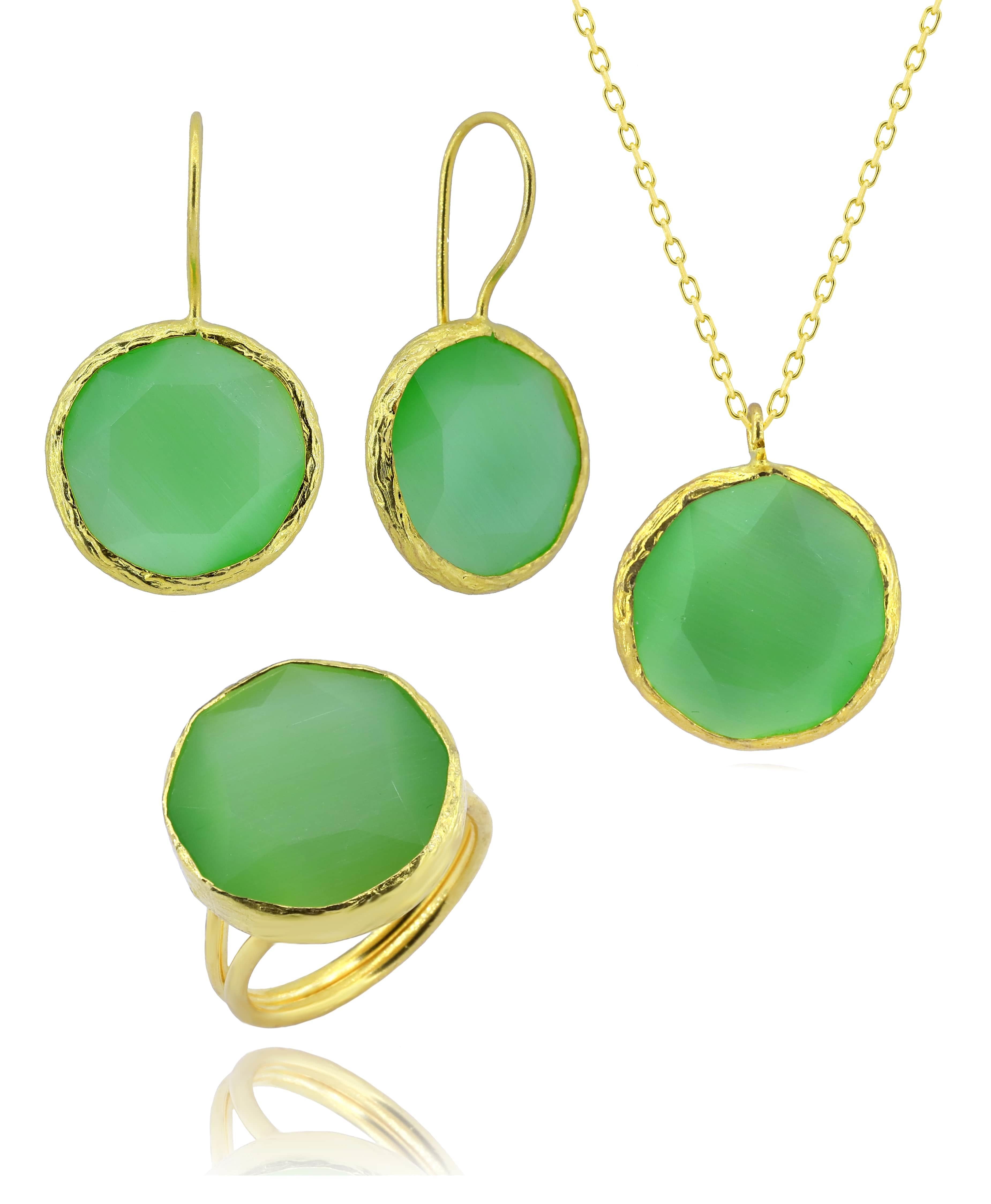 Sun Stone Series Round Green Color Women's  Authentic Silver Triple Jewelry Set