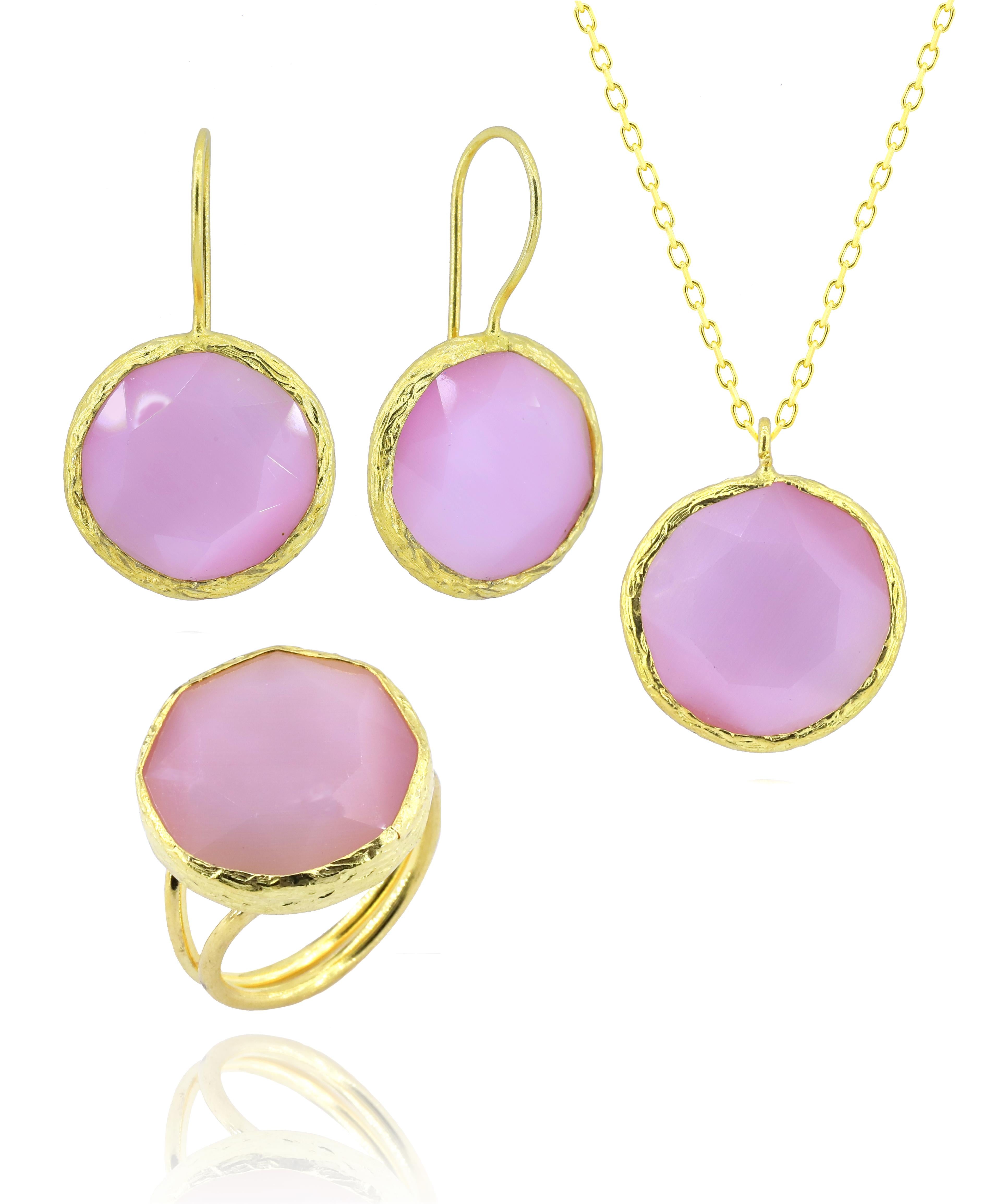 Sun Stone Series Round Pink Color Women's  Authentic Silver Triple Jewelry Set