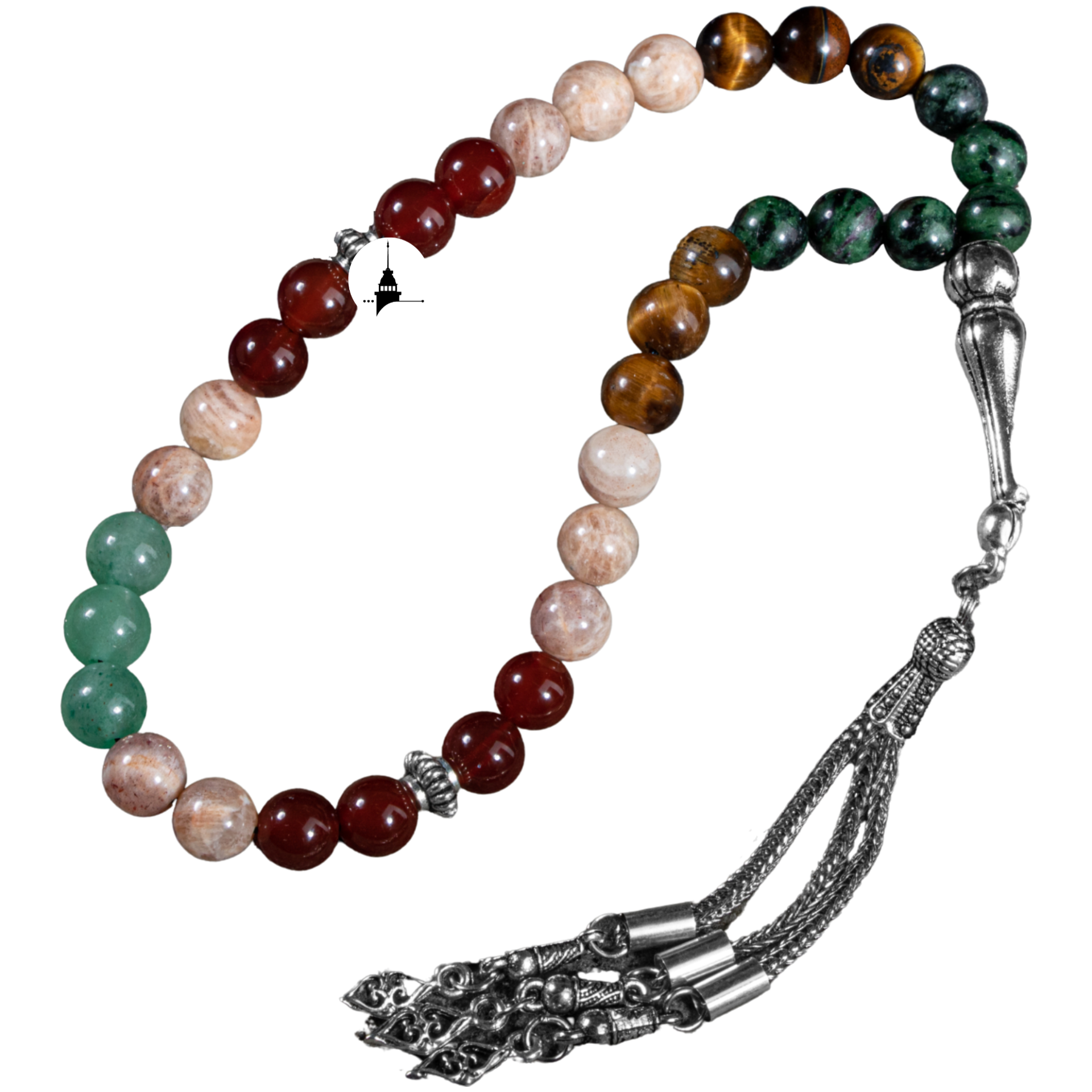 Gemini Rosary Anyolite, Sunstone, Tiger&#39;s Eye, Red Agate, Green Aventurine