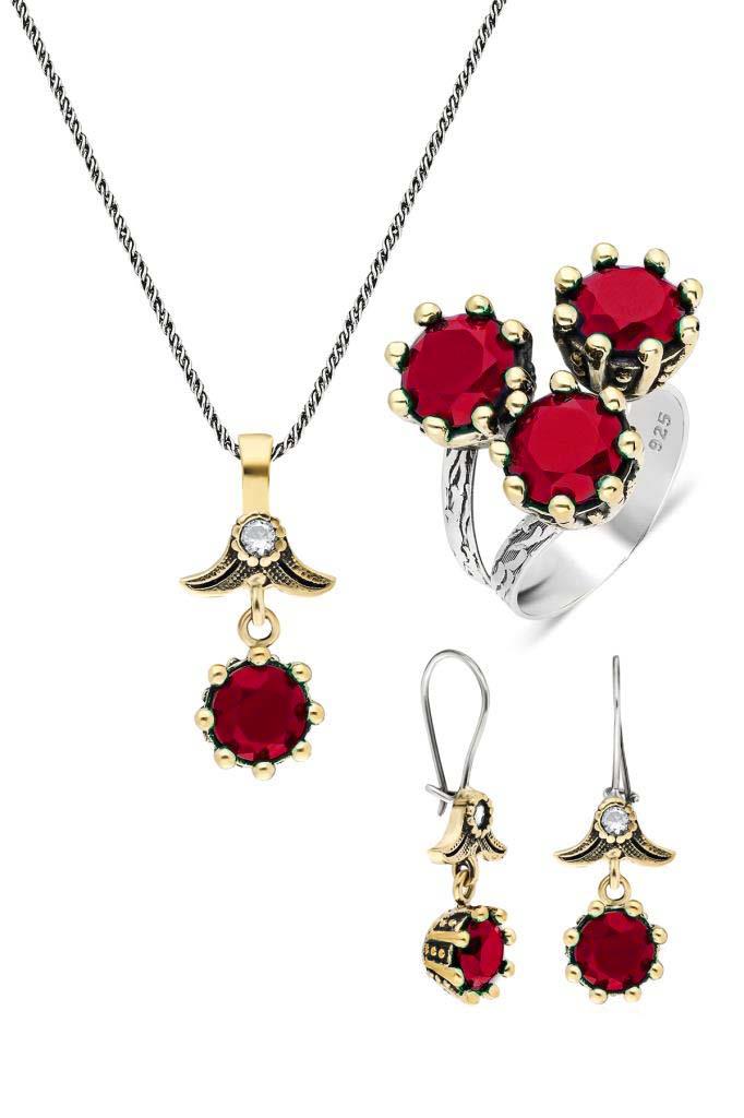 Authentic Silver Triangle Set Jewelry with Red Ruby Stone