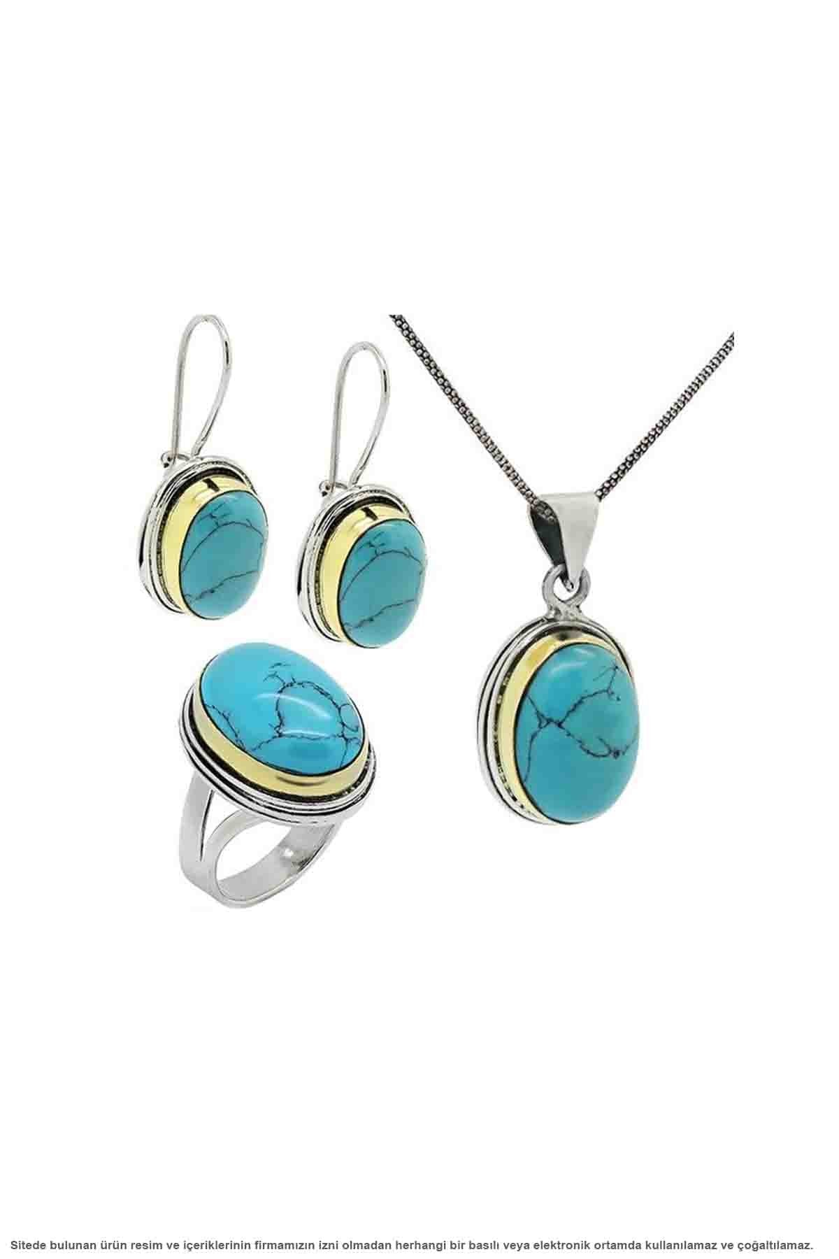 Authentic Turkish Silver Jewelry Set with Turquoise (Firuze) Stones - Exquisite Handcrafted Women's Ensemble