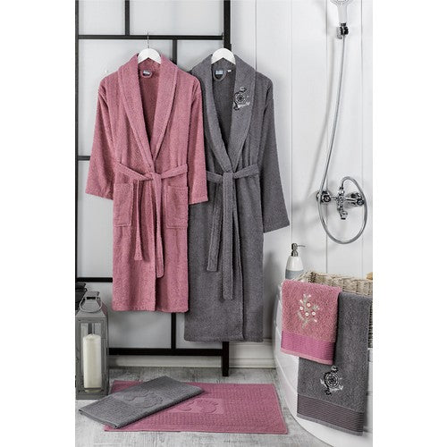 Elegance and Comfort Meet: Semecca Embroidered Anthracite-Rose Blush Bathrobe Set with Head Towels and Mats