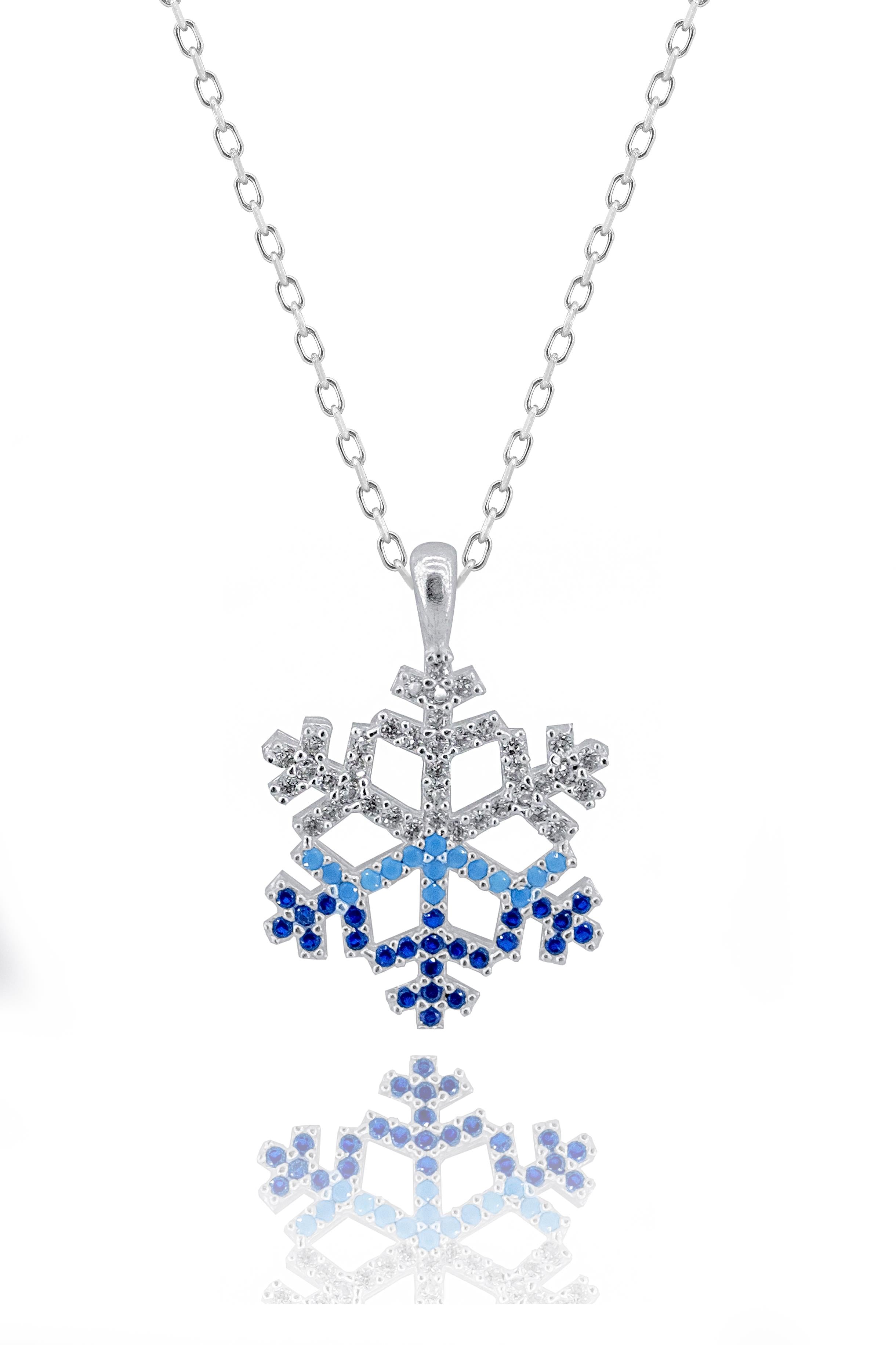 Iridescent Blue and White Transition Snowflake Necklace with Gemstones - 925 Sterling Silver Chain