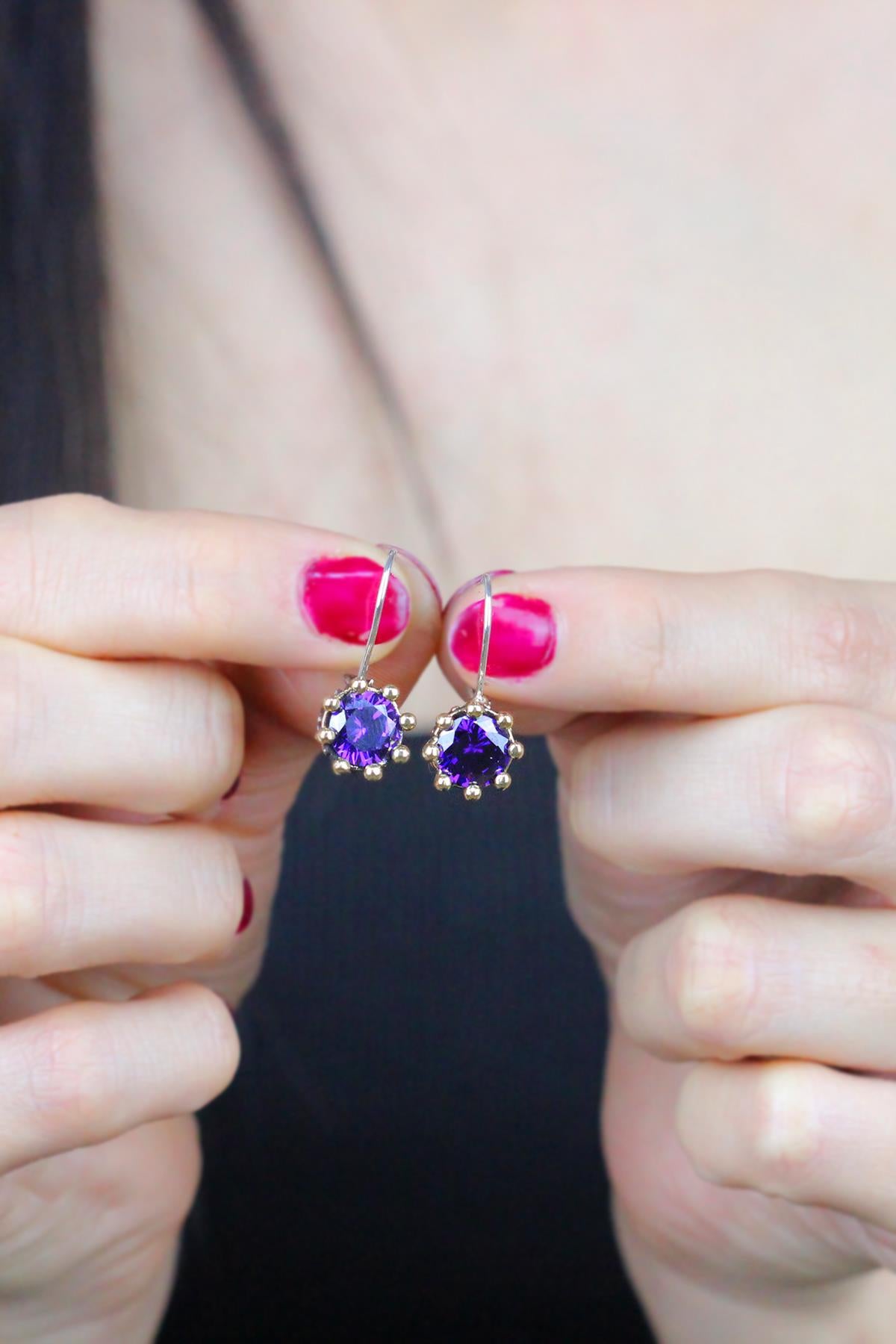 Purple Colored Amethyst Authentic Stone Sterling Silver Women's  Earrings