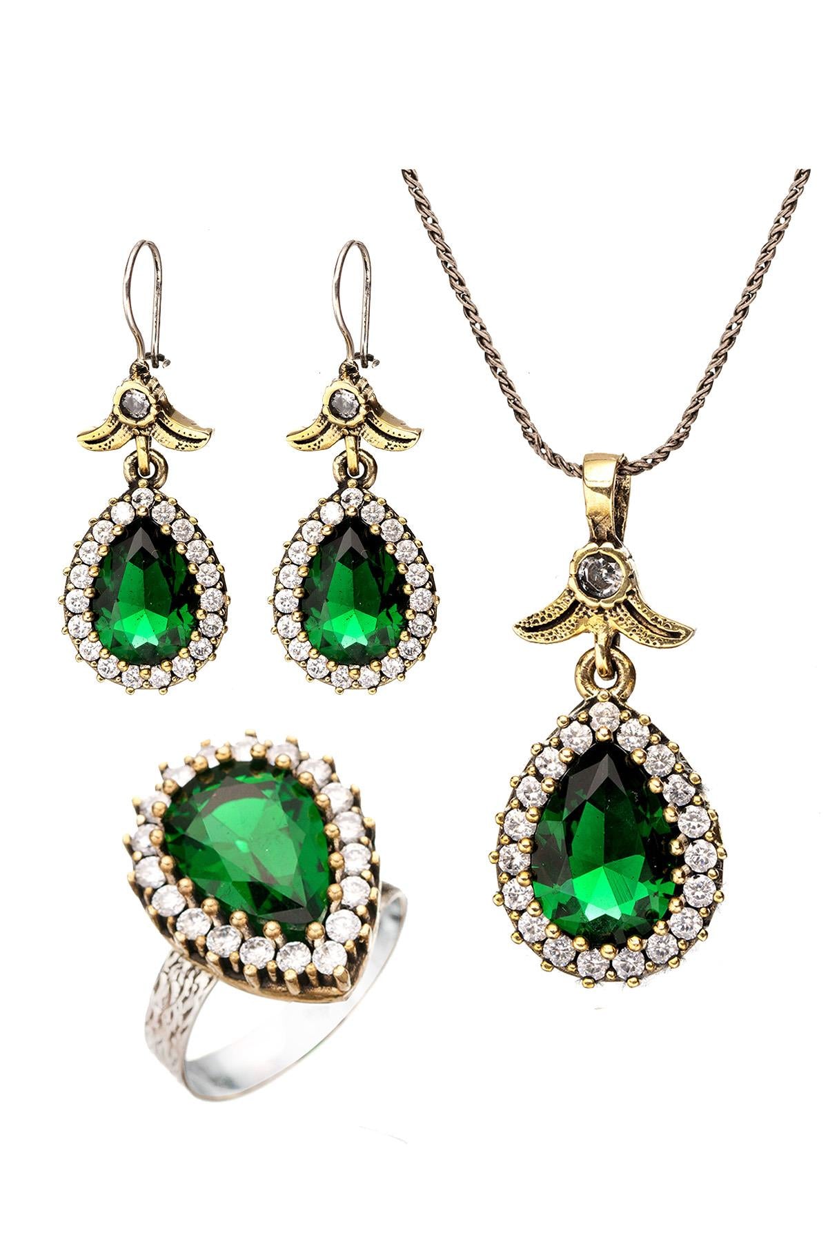 Green Jade Emerald Stone Hürrem Sultan Drop Authentic Silver Triple Women's  Set Adjustable Ring